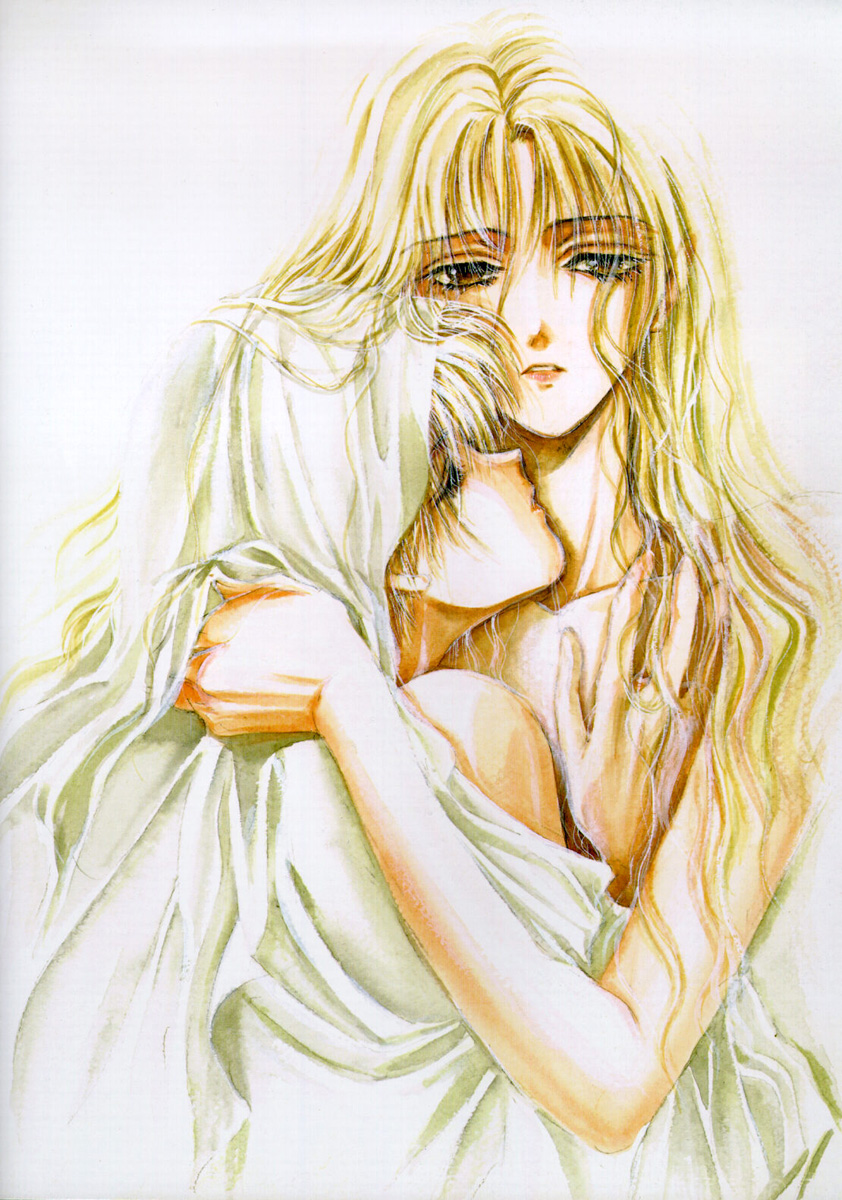 yuki kaori, mudou sara, mudou setsuna, angel cage, angel sanctuary, artbook, highres, 1boy, 1girl, bed sheet, blonde hair, brother and sister, brown eyes, closed eyes, couple, hand on another's chest, hetero, holding, incest, kiss, kissing neck, long hair, nude, parted lips, short hair, siblings, topless male