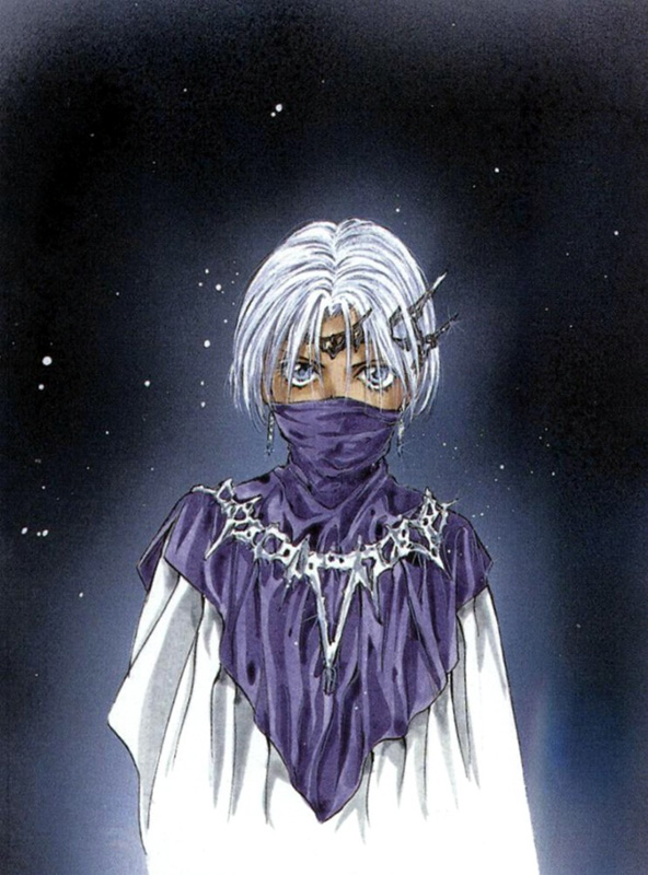 yuki kaori, kurai, angel cage, angel sanctuary, silver hair, artbook, 1girl, blue eyes, dark-skinned female, dark skin, demon, earrings, female focus, jewelry, solo
