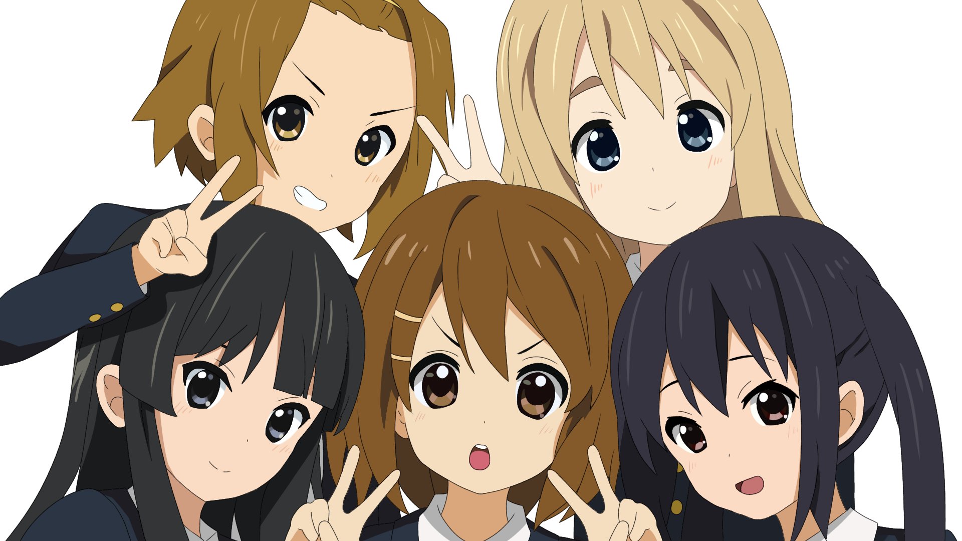 lemon104417, akiyama mio, hirasawa yui, kotobuki tsumugi, nakano azusa, tainaka ritsu, k-on!, 5girls, black eyes, black hair, blonde hair, blue eyes, brown eyes, brown hair, bushy eyebrows, closed mouth, dot nose, double v, feet out of frame, female focus, forehead, hair between eyes, hair ornament, hairclip, headband, long hair, long sleeves, looking at viewer, multiple girls, open mouth, sakuragaoka high school uniform, school uniform, shirt, short hair, simple background, smile, standing, teeth, thick eyebrows, twintails, v, white background, white shirt, yellow headband