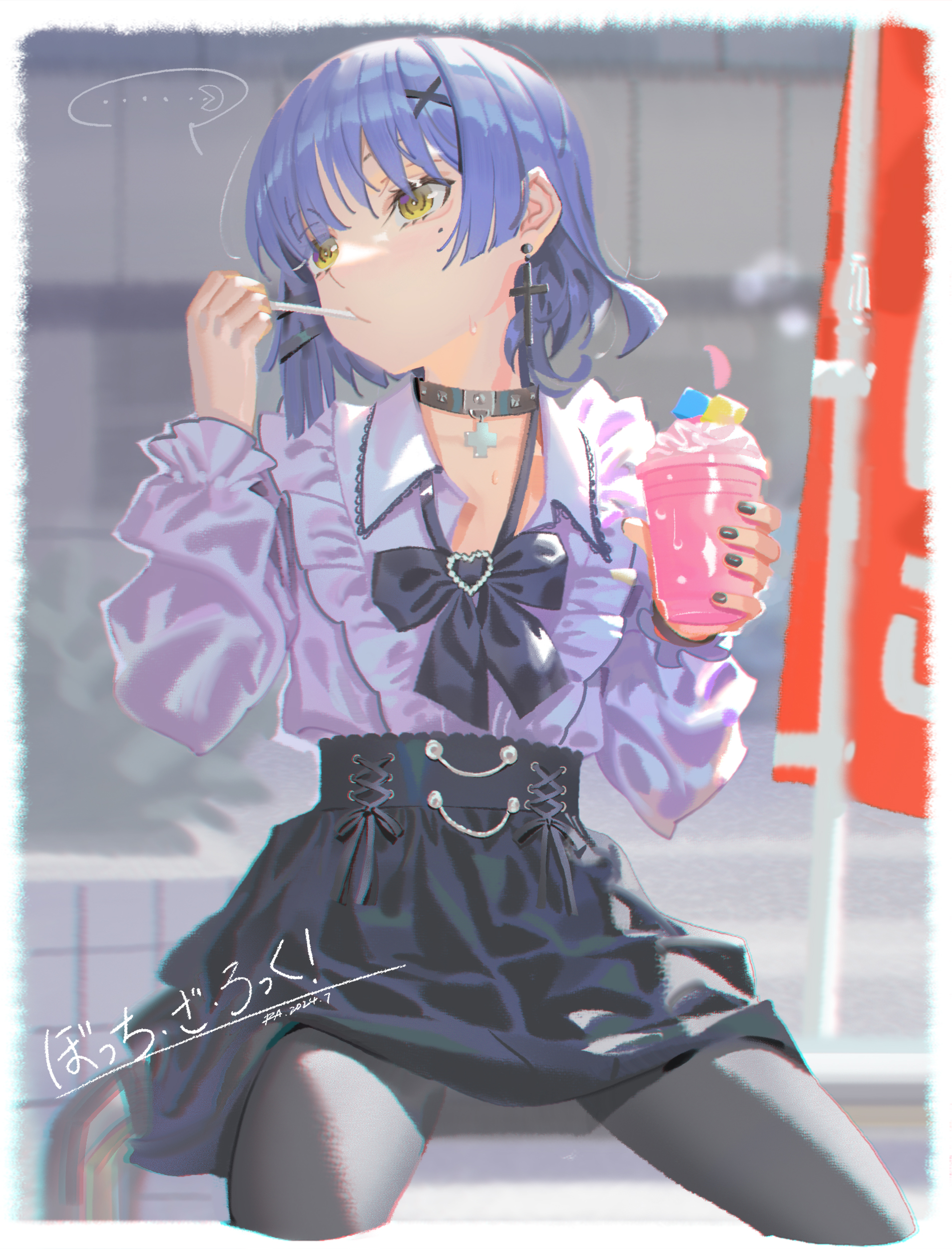 alphonse (white datura), gotoh hitori, yamada ryo, bocchi the rock!, absurdres, highres, …, 1girl, black bow, black bowtie, black choker, black nails, black skirt, blue hair, border, bow, bowtie, bracelet, character-themed food, choker, collared shirt, cropped legs, cross, cross choker, cross earrings, cup, drinking straw, drinking straw in mouth, earrings, grey pantyhose, hair ornament, holding, holding cup, holding drinking straw, jewelry, jirai kei, long sleeves, medium hair, mole, mole under eye, pantyhose, purple shirt, shirt, shirt tucked in, sitting, skirt, solo, speech bubble, spoken ellipsis, white border, x hair ornament, yellow eyes