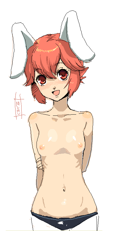 mumu, 1girl, animal ears, arms behind back, breasts, female focus, flat chest, navel, nipples, open mouth, panties, rabbit ears, red eyes, red hair, short hair, small breasts, smile, solo, topless female, underwear, underwear only