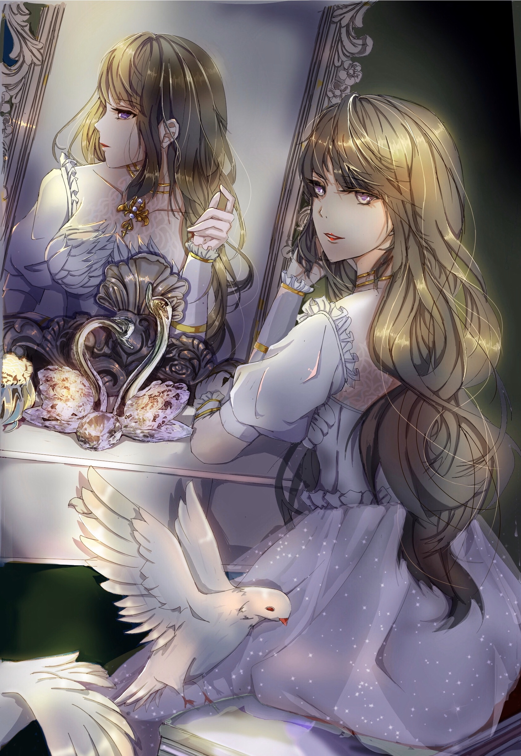 lilith (shining nikki), nikki (series), shining nikki, absurdres, commentary request, highres, 1girl, arm on table, ass (pixiv 39703734), bird, black background, black hair, choker, cosmetics, cowboy shot, dove, dress, elbow on table, frilled arm warmers, frilled dress, frills, glitter, gold choker, happy, light smile, long dress, long hair, looking at viewer, mirror, on stool, parted lips, pleated dress, puffy short sleeves, puffy sleeves, purple eyes, reflection, short sleeves, sitting, solo, very long hair, wavy hair, white arm warmers, white dress