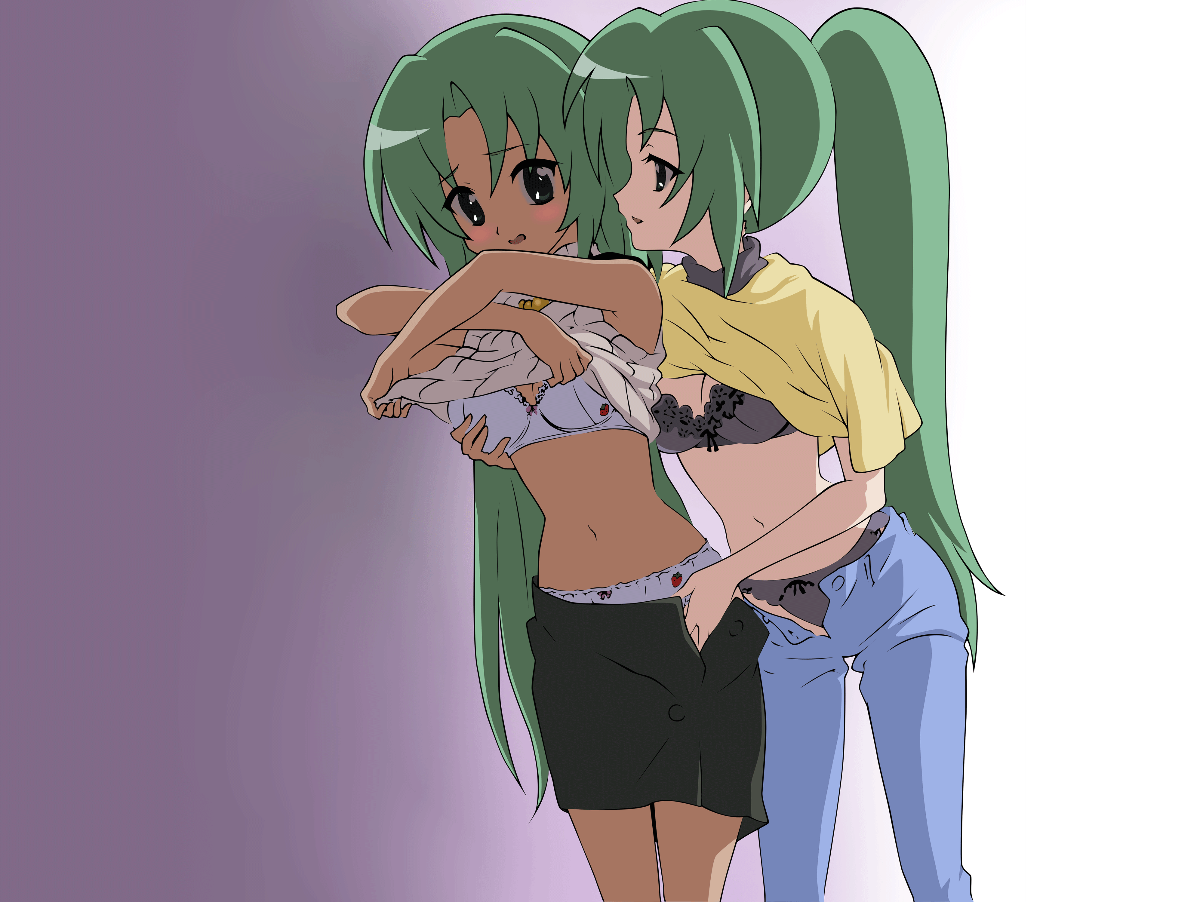 numata seiya, sonozaki mion, sonozaki shion, higurashi no naku koro ni, absurdres, derivative work, highres, official art, vector trace, 00s, 2girls, bra, breasts, clothes lift, grabbing another's breast, green hair, groping, incest, lingerie, long hair, multiple girls, panties, ponytail, shirt lift, siblings, sisters, small breasts, twincest, twins, underwear, undressing, yuri