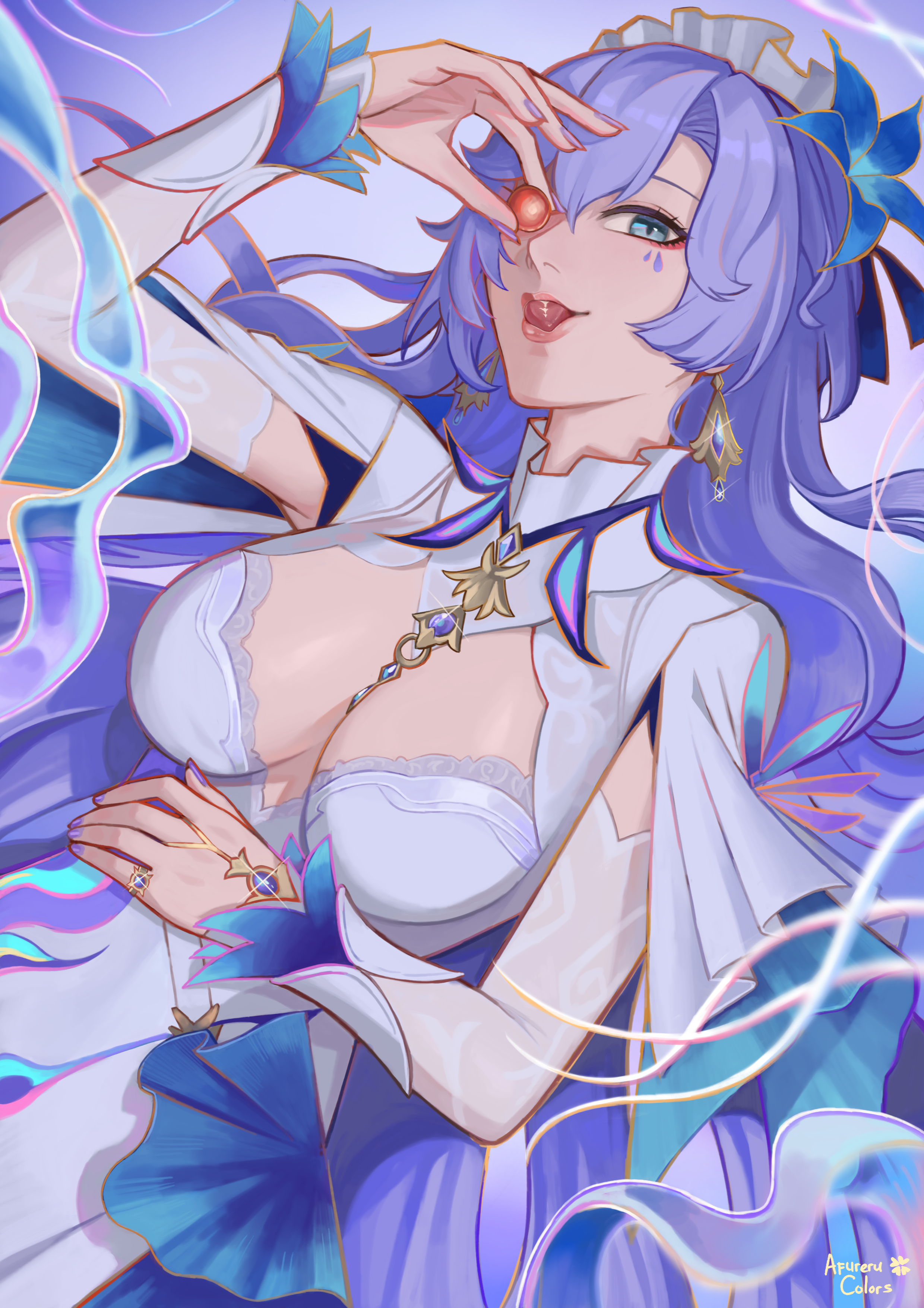 afureru colors, cantarella (wuthering waves), wuthering waves, absurdres, commentary, highres, 1girl, artist name, blue eyes, blue flower, breasts, cherry, cleavage, dress, earrings, facial mark, flower, food, fruit, hair flower, hair ornament, hand on own stomach, headdress, holding, holding food, holding fruit, jewelry, large breasts, licking lips, long hair, looking at viewer, mark under eye, nail polish, purple hair, purple nails, shrug (clothing), smile, solo, tacet mark (wuthering waves), tongue, tongue out, very long hair, white dress, white shrug