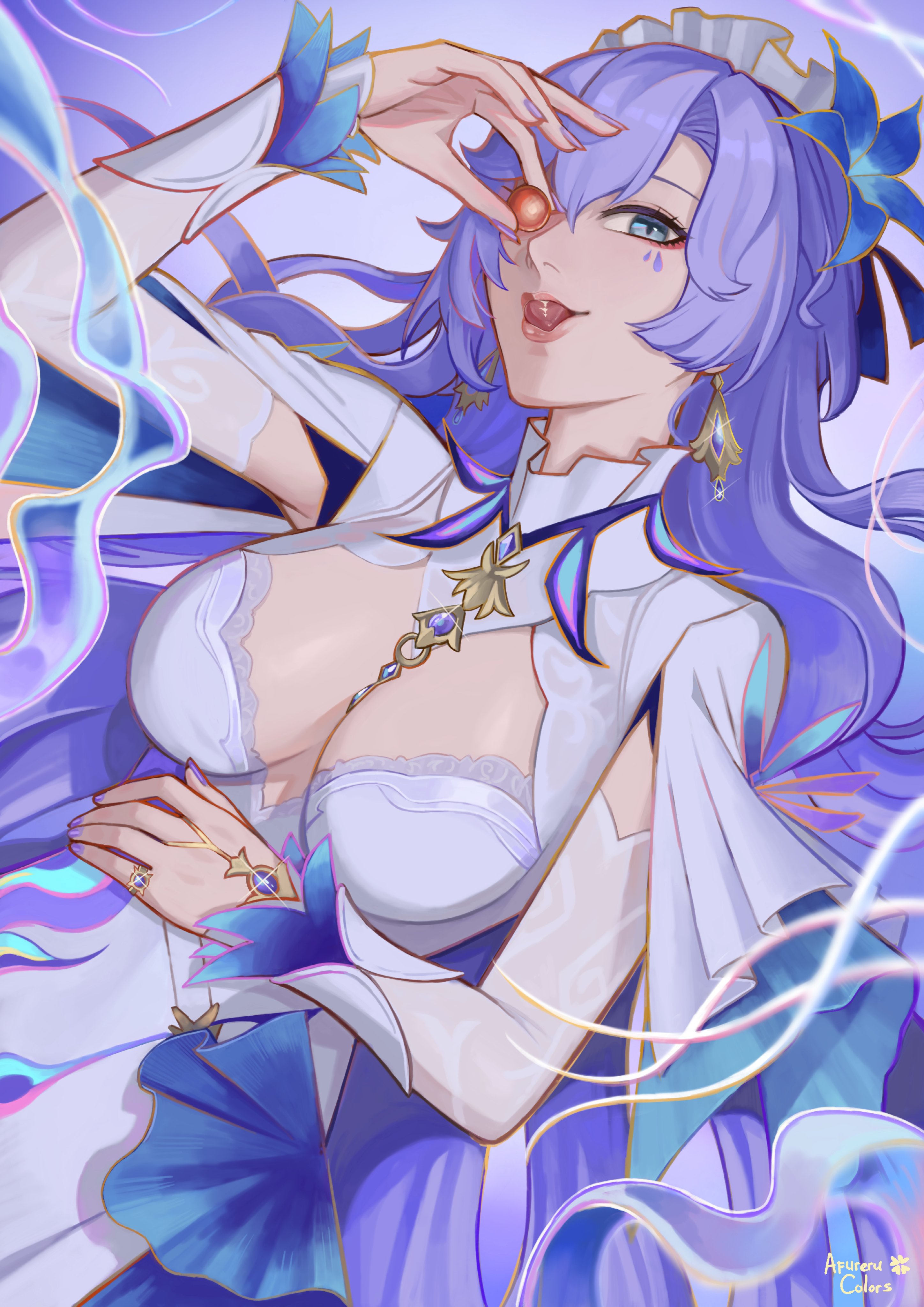 afureru colors, cantarella (wuthering waves), wuthering waves, absurdres, commentary, highres, symbol-only commentary, 1girl, artist name, blue eyes, blue flower, breasts, cherry, cleavage, dress, earrings, facial mark, flower, food, fruit, hair flower, hair ornament, hand on own stomach, headdress, holding, holding food, holding fruit, jewelry, large breasts, licking lips, long hair, looking at viewer, mark under eye, nail polish, purple hair, purple nails, shrug (clothing), smile, solo, tacet mark (wuthering waves), tongue, tongue out, very long hair, white dress, white shrug