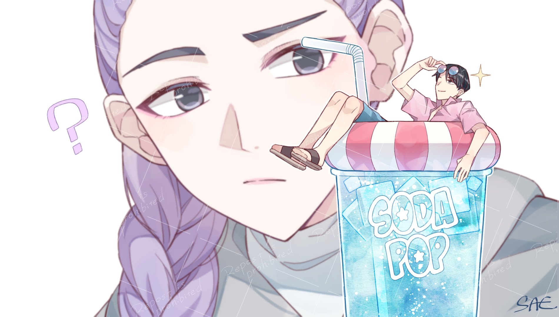 sae1293, jinu (kpop demon hunters), rumi (kpop demon hunters), kpop demon hunters, commentary, highres, 1boy, 1girl, ?, black hair, blue shorts, braid, braided ponytail, drinking straw, innertube, looking at another, mini person, pink shirt, purple hair, sandals, shirt, shorts, simple background, smile, sparkle, swim ring, white background