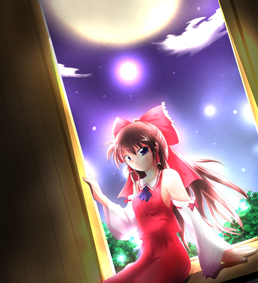 nanaume (shichimi tougarashi), hakurei reimu, touhou, 1girl, ascot, bare shoulders, collar, detached sleeves, dress, dutch angle, female focus, glowing, long sleeves, looking at viewer, moon, red dress, ribbon-trimmed sleeves, ribbon trim, sidelocks, sitting, sky, solo, star (sky), starry sky