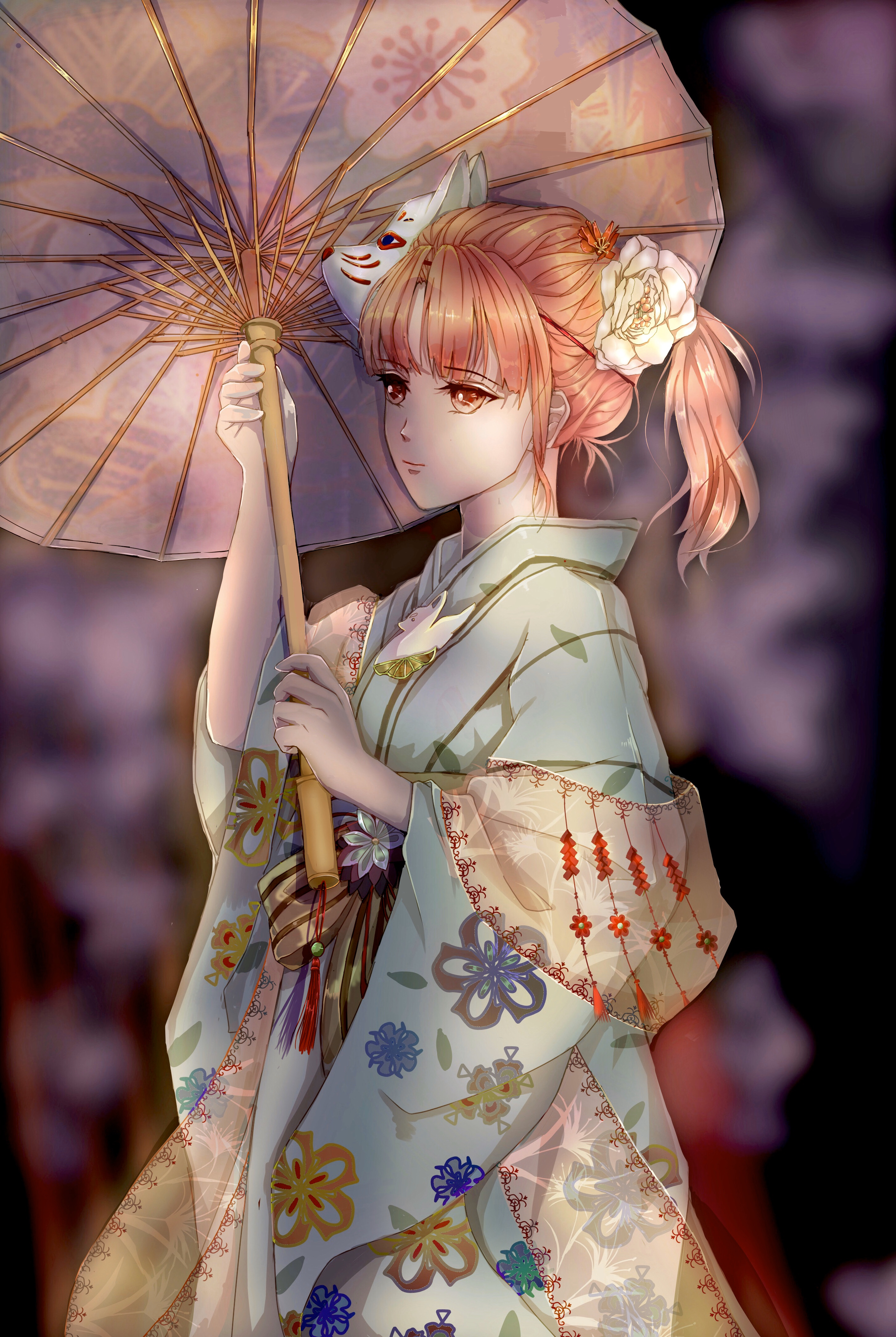 original, absurdres, highres, 1girl, ass (pixiv 39703734), blue kimono, blurry, blurry background, brown eyes, cherry blossom print, cherry blossoms, closed mouth, cowboy shot, expressionless, floral print, flower, fox mask, hair flower, hair ornament, holding, holding umbrella, japanese clothes, kimono, lips, long hair, long sleeves, mask, mask on head, night, oil-paper umbrella, orange hair, outdoors, parted bangs, pink umbrella, pointy nose, red flower, shawl, short twintails, solo, standing, twintails, umbrella, white flower, white mask, white shawl, wide sleeves