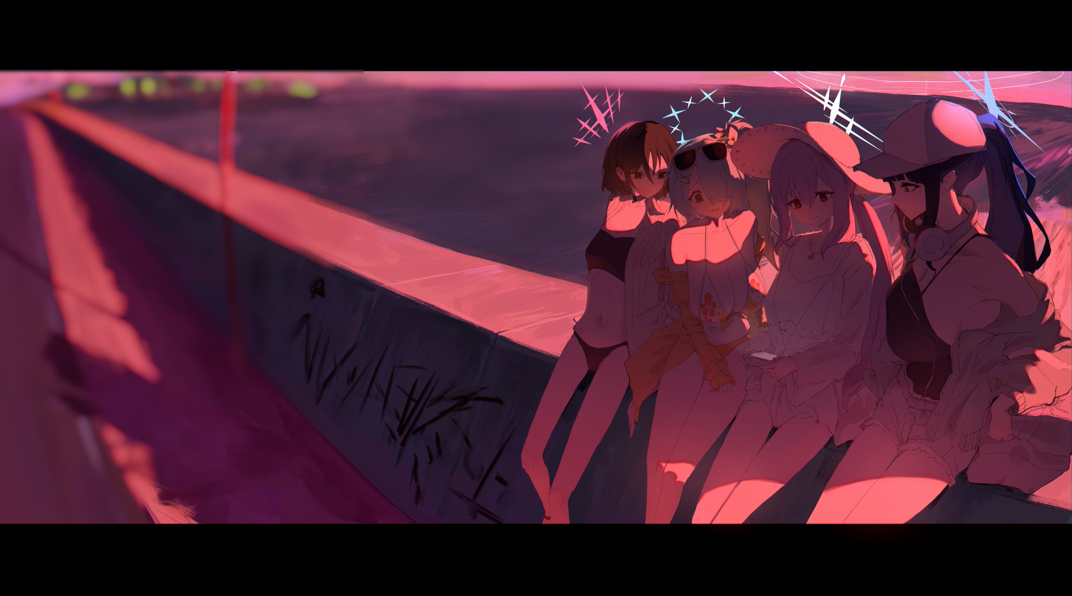 s0lari sub, arius squad (blue archive), atsuko (blue archive), atsuko (swimsuit) (blue archive), hiyori (blue archive), hiyori (swimsuit) (blue archive), misaki (blue archive), misaki (swimsuit) (blue archive), saori (blue archive), saori (swimsuit) (blue archive), blue archive, absurdres, commentary request, highres, 4girls, aqua hair, aqua jacket, barbell piercing, baseball cap, bikini, bikini under clothes, black bikini, black camisole, black choker, black hair, blue eyes, blue hair, blue halo, blurry, breasts, brown eyes, camera, camisole, choker, cleavage, closed mouth, denim, denim shorts, digital camera, dusk, ear piercing, eyewear on head, floral print bikini, flower, frilled bikini, frills, graffiti, hair flower, hair ornament, hair over one eye, halo, hat, headphones, headphones around neck, holding, holding camera, industrial piercing, jacket, large breasts, letterboxed, long hair, multiple girls, navel, official alternate costume, open mouth, orange bikini, outdoors, piercing, pinstripe pattern, pinstripe shirt, ponytail, purple hair, purple sky, red eyes, red halo, screen light, shirt, short hair, shorts, side ponytail, sitting, sky, smile, striped clothes, striped shirt, sun hat, swimsuit, vertical-striped clothes, vertical-striped shirt, white bikini, white halo, white hat