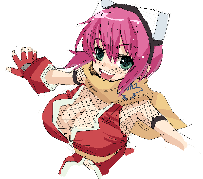 mumu, izuna (gouma reifuden izuna), gouma reifuden izuna, 1girl, breasts, cleavage, female focus, fishnets, huge breasts, oekaki, sketch, solo