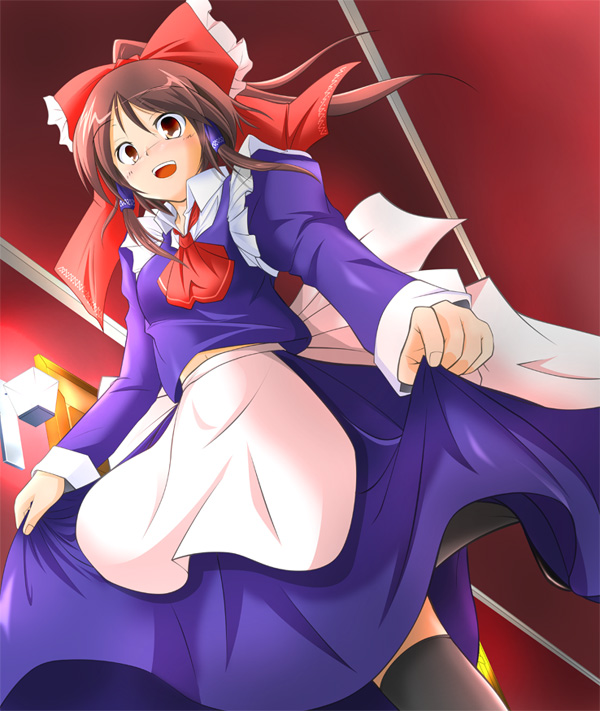 nanaume (shichimi tougarashi), hakurei reimu, touhou, 1girl, :d, alternate costume, apron, ascot, black thighhighs, bow, brown eyes, brown hair, collar, earrings, enmaided, female focus, hair bow, indoors, jewelry, lamp, long sleeves, looking at viewer, maid, maid apron, open mouth, red bow, smile, solo, standing, thighhighs, waist apron, zettai ryouiki
