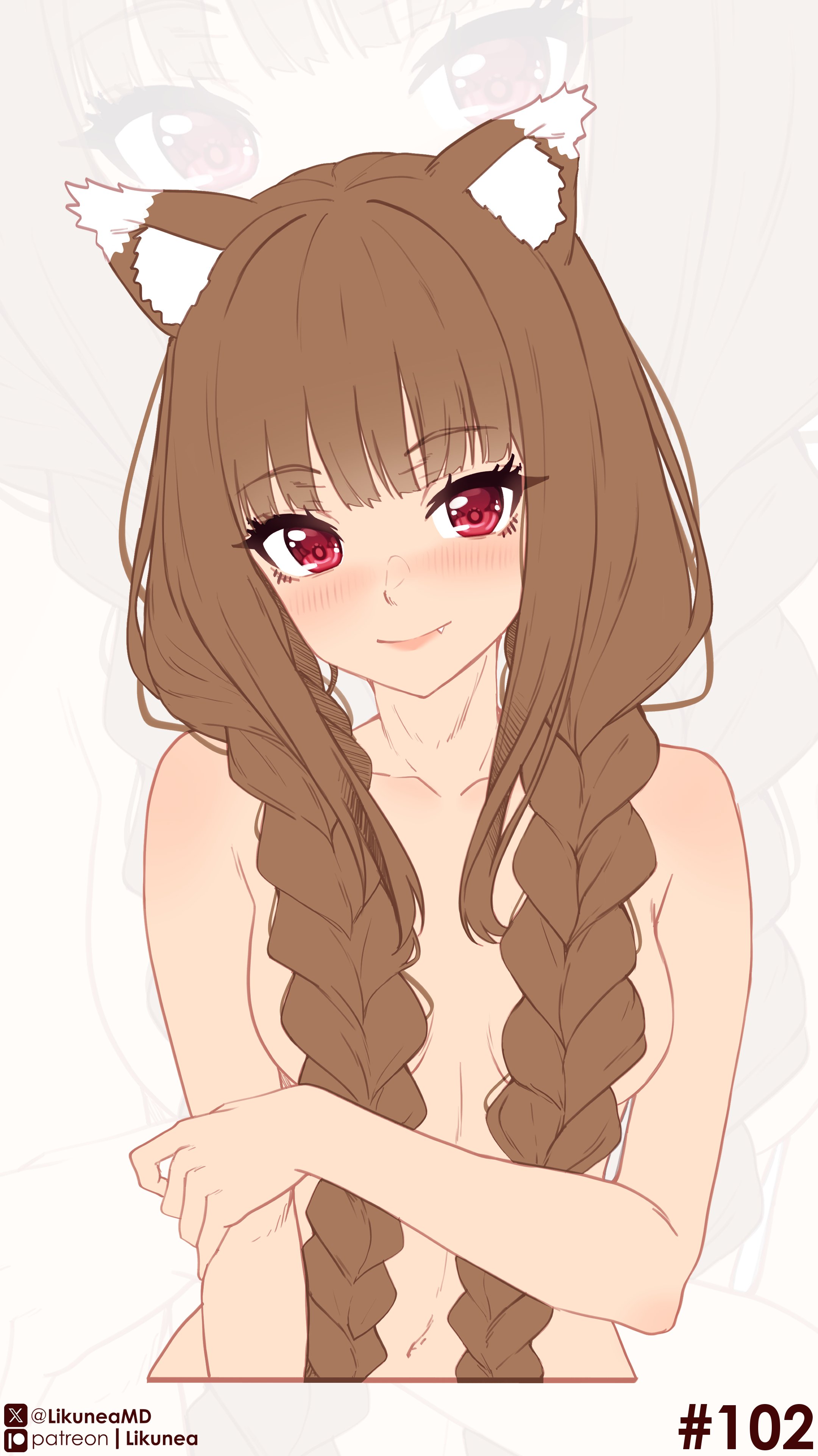 likunea, holo, spice and wolf, absurdres, highres, 1girl, animal ear fluff, animal ears, blush, braid, brown hair, closed mouth, collarbone, completely nude, fang, long hair, looking at viewer, navel, nude, red eyes, smile, solo, twin braids, wolf ears, wolf girl, zoom layer
