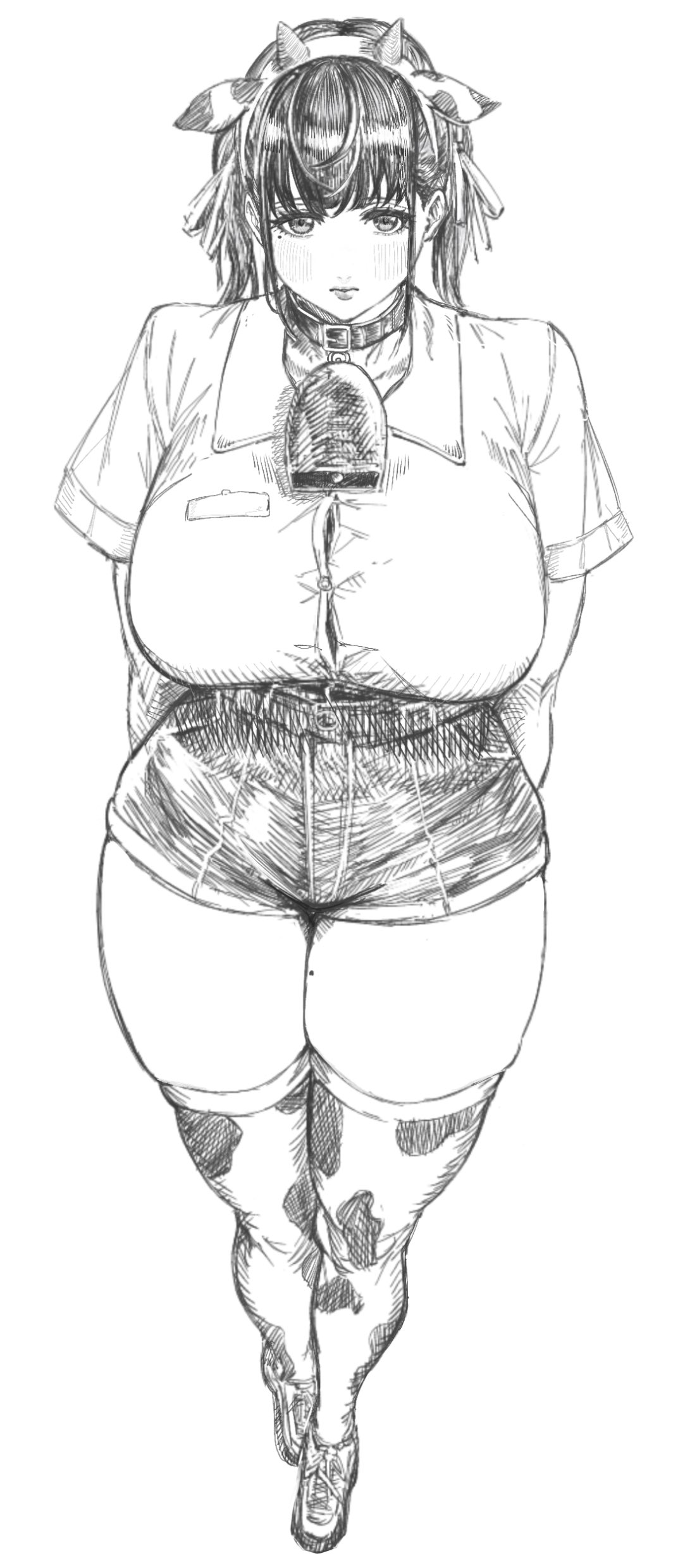 indinu, futao miruku (riki), original, absurdres, highres, revision, 1girl, animal ear hairband, animal ears, animal print, arms behind back, bell, blush, borrowed character, breasts, button gap, closed mouth, collared shirt, cow ear hairband, cow ears, cow girl, cow horns, cow print, cow print thighhighs, cowbell, curvy, dress shirt, fake animal ears, fake horns, fanged bangs, full body, greyscale, hair ribbon, hairband, horn hairband, horns, large breasts, mole, mole on thigh, mole under eye, monochrome, neck bell, plump, print thighhighs, ribbon, shirt, shirt tucked in, shoes, short shorts, short sleeves, shorts, simple background, sneakers, solo, thick thighs, thighhighs, thighs, twintails, white background, wide hips, wing collar