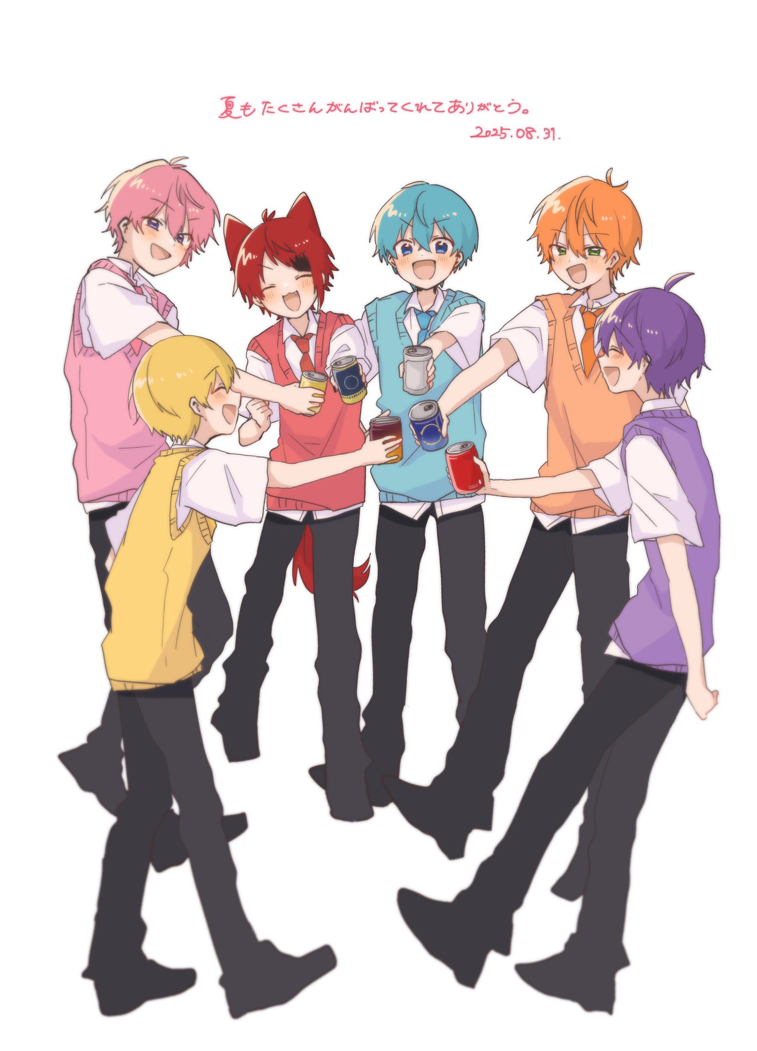 colon (stpri), jel (stpri), nanamori (stpri), rinu (stpri), root (stpri), satomi (stpri), strawberry prince, highres, 6+boys, ahoge, animal ears, blonde hair, blue eyes, blue hair, blue necktie, blue sweater vest, can, closed eyes, drink can, food print, fruit print, full body, green eyes, hair between eyes, holding, holding can, male focus, multiple boys, necktie, open mouth, orange hair, orange necktie, orange sweater vest, outstretched arm, pink hair, pink sweater vest, purple eyes, purple hair, purple sweater vest, red hair, red necktie, red sweater vest, short hair, simple background, strawberry print, sweater vest, tail, toasting (gesture), uniuni12040427, white background, yellow sweater vest