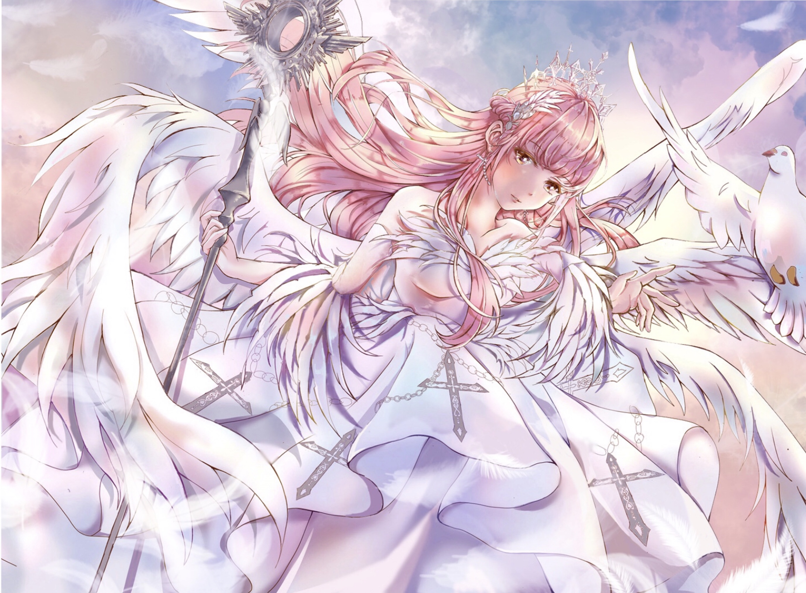 nikki (nikki), nikki (series), shining nikki, highres, 1girl, angel wings, ass (pixiv 39703734), bird, blue sky, blunt bangs, brown eyes, cloud, cowboy shot, cross, cross earrings, cross print, detached sleeves, dove, dress, dustless feathers (shining nikki), dutch angle, earrings, eyelashes, feather hair ornament, feather sleeves, feathered wings, feathers, floating hair, gown, gradient sky, hair ornament, holding, holding scepter, jewelry, long dress, long hair, long sidelocks, multiple wings, official alternate color, orange sky, outdoors, parted lips, pink hair, scepter, seraph, short sleeves, sidelocks, sky, solo, sun, sunrise, tiara, very long hair, white dress, white sleeves, white wings, wings