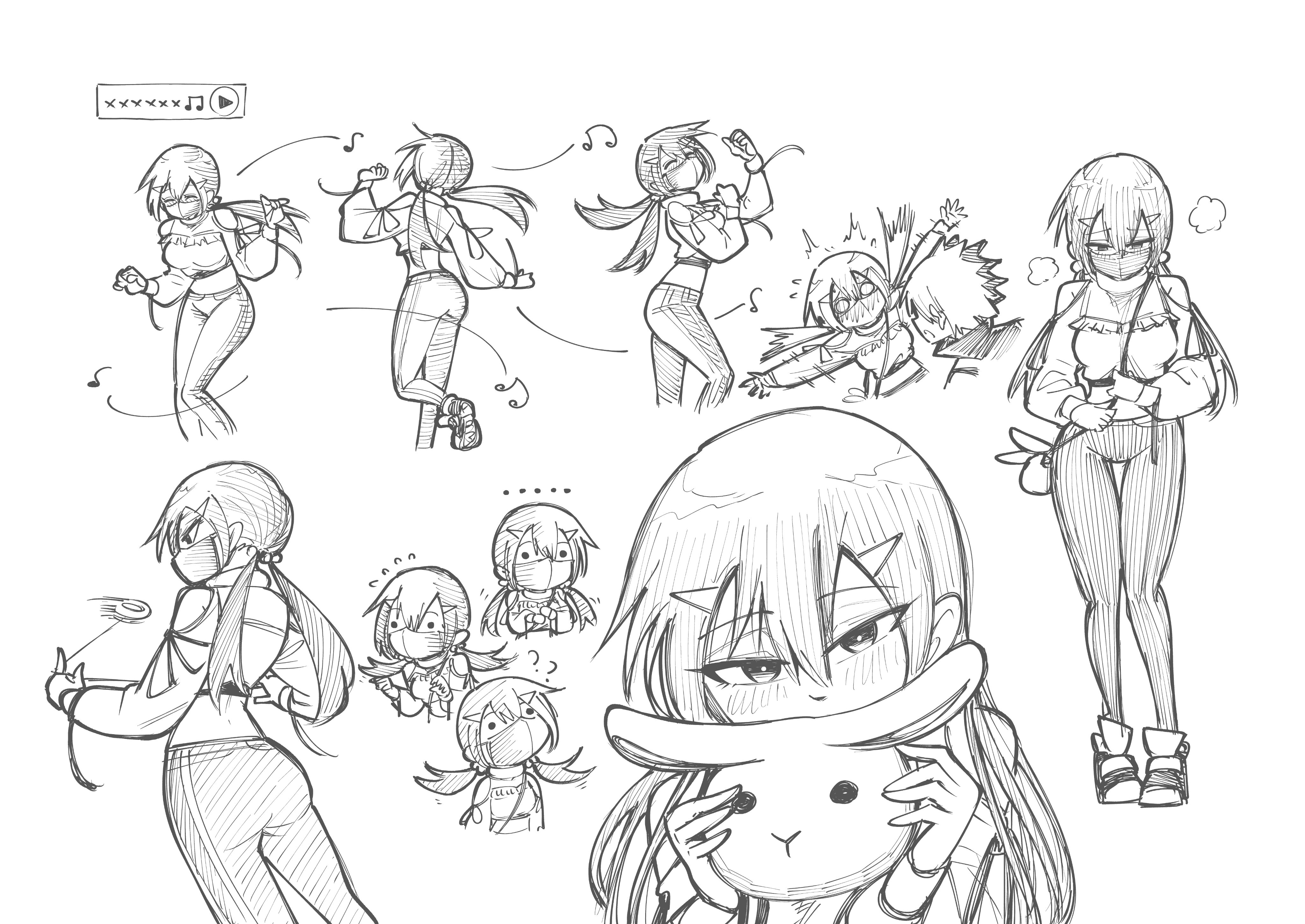 tonton manga, kana (hyper yoyo accel), sekai (hyper yoyo accel), hyper yoyo accel, facing back, absurdres, highres, official art, . ., 0 0, 1boy, 1girl, ?, ^^^, back peek, bare shoulders, beamed eighth notes, between breasts, black hair, black mask, breasts, closed eyes, covering own mouth, eighth note, flying sweatdrops, hair between eyes, heavy breathing, holding pouch, leggings, looking at viewer, low twintails, mask, midriff peek, monochrome, mouth mask, multiple views, musical note, outstretched arms, shoes, sketch, smile, strap between breasts, twintails
