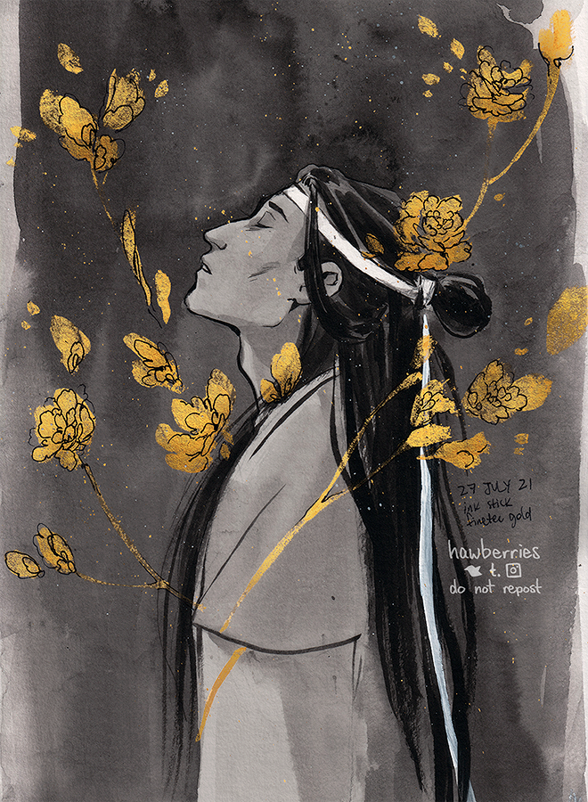 hawberries, lan xichen, modao zushi, alt text, commentary, english commentary, painting (medium), traditional media, watercolor (medium), 1boy, abstract background, adam's apple, black hair, cheekbones, chinese clothes, closed eyes, dated, flower, frown, gold, grey background, hanfu, head back, headband, implied yaoi, layered sleeves, long hair, long sleeves, male focus, monochrome, parted lips, peony (flower), profile, ribbon, signature, solo, spot color, symbolism, topknot, upper body, white hanfu, white headband, yellow flower
