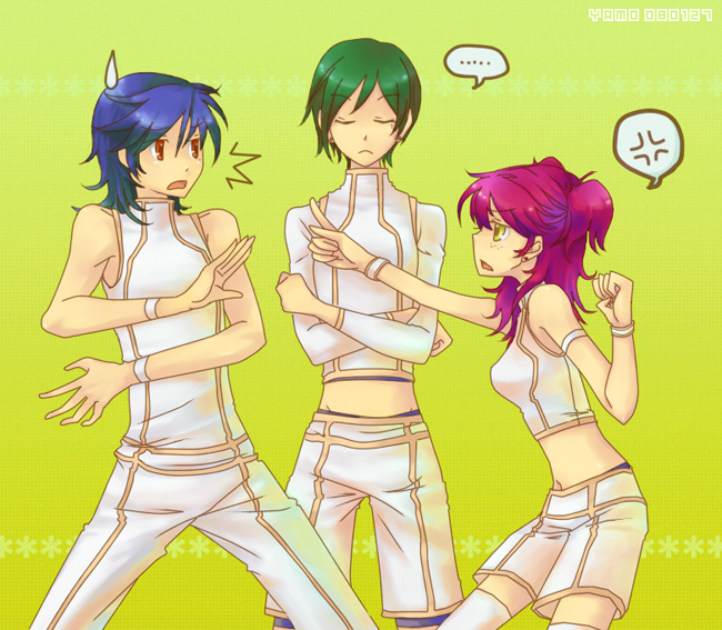 yamo, yamo (sky2world), johann trinity, michael trinity, nena trinity, gundam, gundam 00, bad id, bad pixiv id, 00s, 1girl, 2boys, brother and sister, brothers, freckles, midriff, mole, mole under eye, multiple boys, red hair, shorts, siblings, thighhighs, two side up, yellow eyes