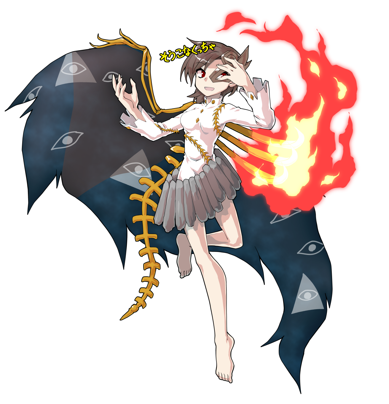 dairi, iwanaga ariya, fossilized wonders, touhou, commentary request, highres, large variant set, variant set, 1girl, alphes (style), barefoot, breasts, brown hair, buttons, eye of providence, eye print, fiery wings, fire, full body, gold buttons, grey skirt, hands up, leg up, long sleeves, mask over one eye, medium breasts, parody, shirt, short hair, skeletal wings, skirt, solo, style parody, tachi-e, transparent background, white shirt, wings