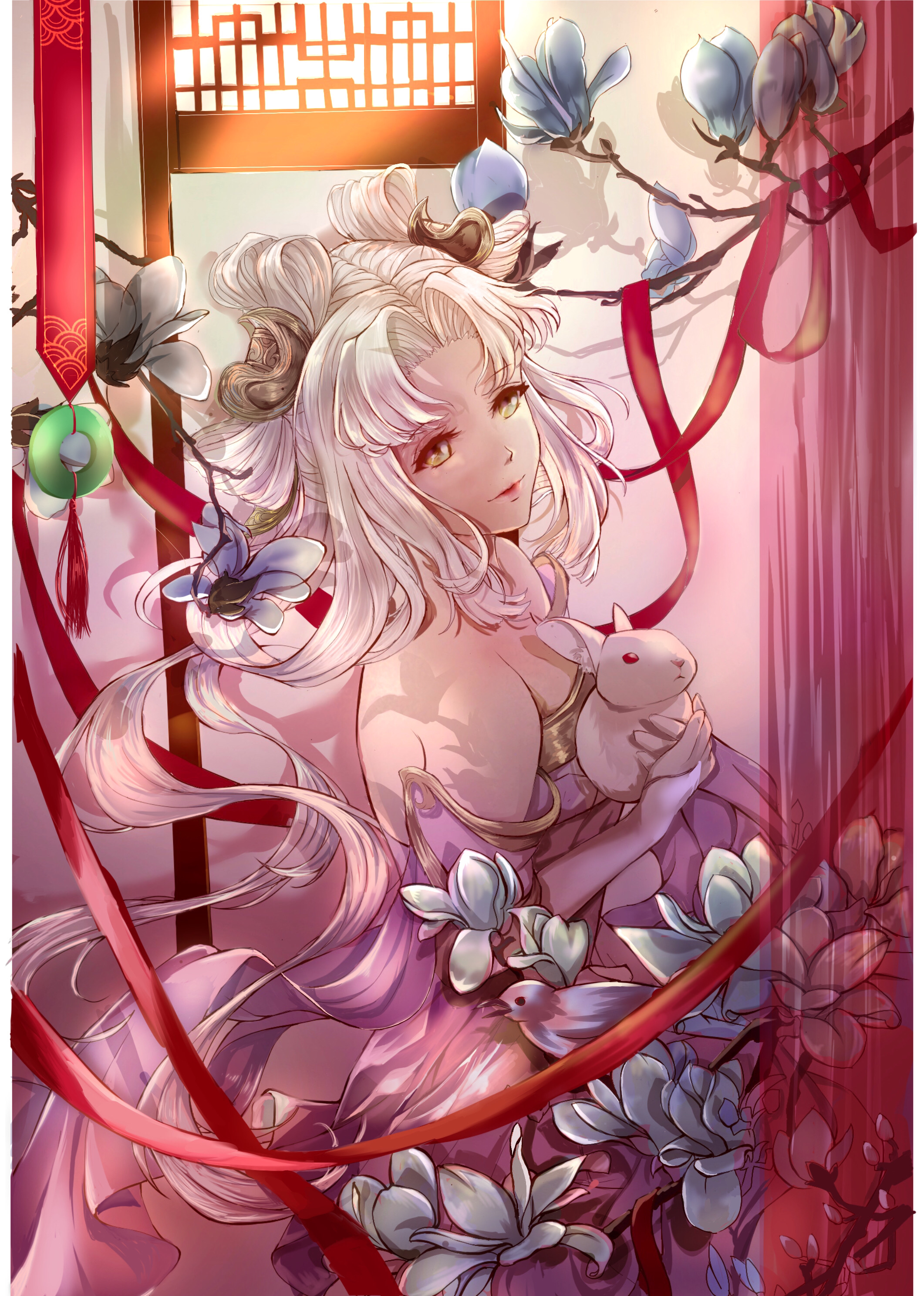 wangzhe rongyao, absurdres, highres, 1girl, animal, ass (pixiv 39703734), bare shoulders, blue flower, blunt bangs, bow-shaped hair, branch, bridal gauntlets, chang'e (wangzhe rongyao), chinese clothes, closed mouth, cowboy shot, day, detached sleeves, double bun, dress, eyelashes, floating hair, flower, hair bun, hair flower, hair ornament, happy, holding, holding animal, indoors, lattice, lipstick, long hair, looking ahead, makeup, parted bangs, pink bridal gauntlets, pink dress, pink lips, pink sleeves, rabbit, red ribbon, ribbon, short sleeves, solo, strapless, strapless dress, sunlight, tassel, very long hair, white hair, wide sleeves, window, yellow eyes