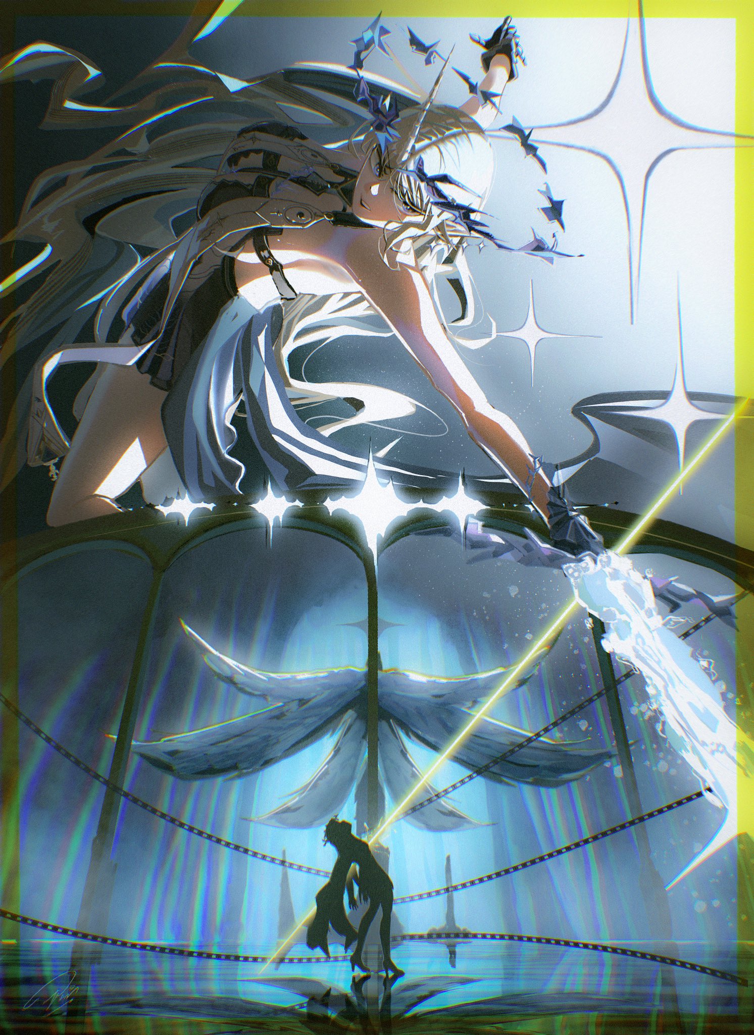 cartethyia (wuthering waves), fleurdelys (wuthering waves), wuthering waves, commentary, english commentary, highres, 2girls, bare shoulders, black collar, black dress, blonde hair, blue eyes, breasts, chromatic aberration, collar, crown of thorns, dress, dual persona, holding, holding sword, holding weapon, horns, large breasts, long hair, long horns, multiple girls, nefukun, parted lips, single horn, split theme, sword, tabard, tacet mark (wuthering waves), thighs, very long hair, weapon, white tabard, yellow horns