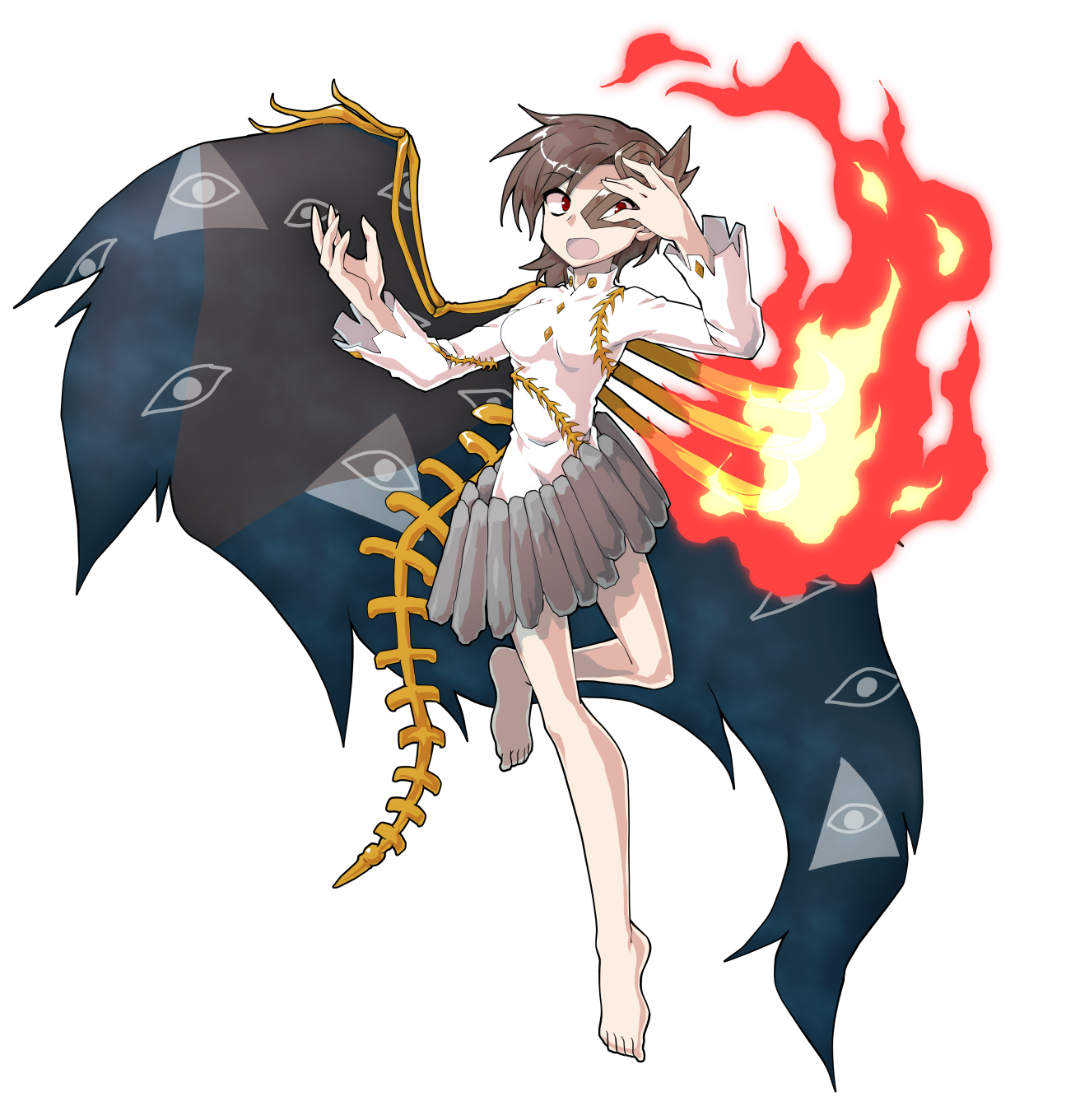 dairi, iwanaga ariya, fossilized wonders, touhou, commentary request, highres, large variant set, variant set, 1girl, alphes (style), barefoot, breasts, brown hair, buttons, eye of providence, eye print, fiery wings, fire, full body, gold buttons, grey skirt, hands up, leg up, long sleeves, mask over one eye, medium breasts, parody, shirt, short hair, skeletal wings, skirt, solo, style parody, tachi-e, transparent background, white shirt, wings