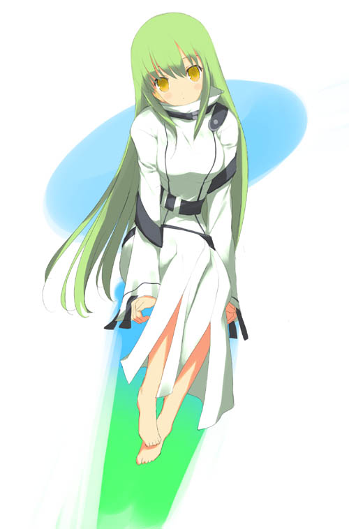 yaegashi nan, c.c., code geass, 00s, 1girl, barefoot, belt, buckle, female focus, full body, green hair, head tilt, long hair, long sleeves, looking at viewer, sitting, solo, straitjacket, toes, very long hair, yellow eyes