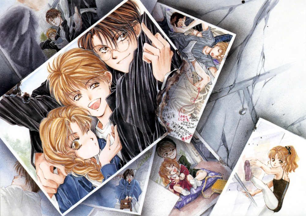 yuki kaori, katou yue, kira sakuya, mudou sara, mudou setsuna, saiki ruri, angel cage, angel sanctuary, hakusensha, artbook, 2girls, 3boys, aged down, bag, ballet, blonde hair, braid, brown eyes, brown hair, child, glasses, long hair, middle finger, multiple boys, multiple girls, one eye closed, open mouth, photo (object), school bag, school uniform, serafuku, short hair, single braid, sleeping, smile, wink