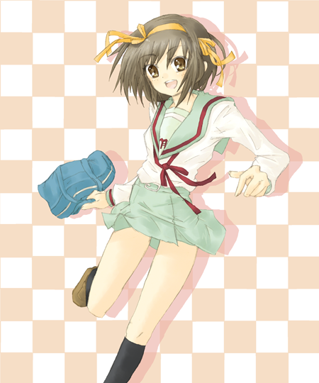 jhonwalker, suzumiya haruhi, suzumiya haruhi no yuuutsu, 00s, 1girl, bag, black socks, brown eyes, brown hair, carrying, checkered background, collarbone, female focus, kneehighs, loafers, long sleeves, looking at viewer, miniskirt, neckerchief, ribbon, running, school bag, shoes, short hair, simple background, skirt, socks, solo