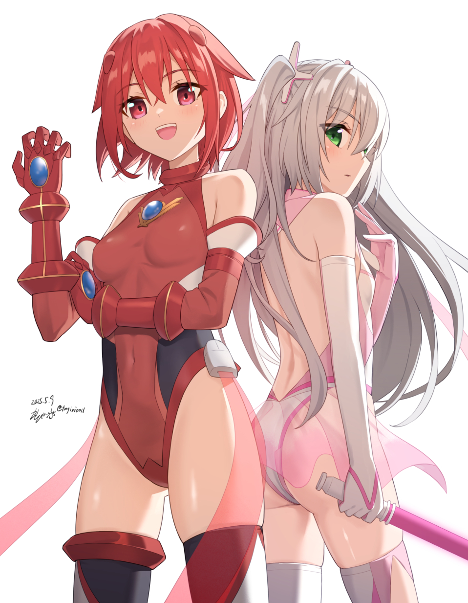 sarasa (kanbi), original, commission, highres, skeb commission, 2025, 2girls, :d, ass, back-to-back, backless leotard, bare back, breasts, covered navel, crossed bangs, dated, elbow gloves, floating hair, gloves, green eyes, grey hair, hair between eyes, hair ornament, highleg, highleg leotard, holding, holding weapon, leotard, long hair, looking at viewer, looking back, multiple girls, open mouth, parted lips, pink trim, red eyes, red gloves, red hair, red leotard, shiny skin, short hair, signature, skin tight, skindentation, small breasts, smile, standing, teeth, thighhighs, twintails, upper teeth only, very long hair, weapon, white background, white gloves, white leotard, white thighhighs
