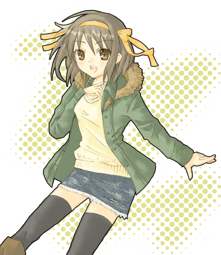 jhonwalker, suzumiya haruhi, suzumiya haruhi no yuuutsu, 00s, casual, jacket, skirt, solo, thighhighs