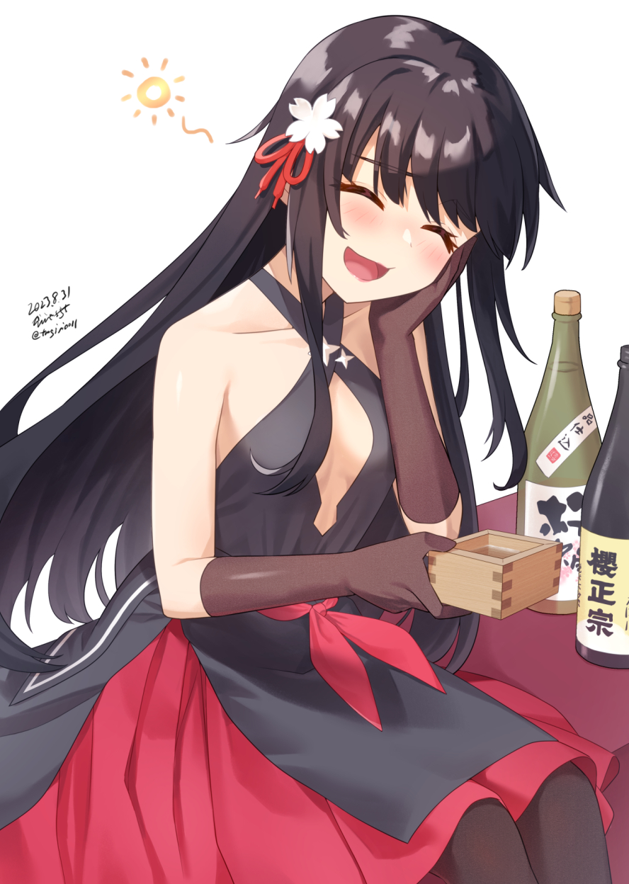 sarasa (kanbi), type 100 (girls' frontline), girls' frontline, highres, 1girl, :d, ^ ^, black hair, blush, breasts, brown gloves, cleavage, closed eyes, closed mouth, criss-cross halter, dress, drunk, elbow gloves, flower, gloves, hair flower, hair ornament, hair ribbon, halterneck, layered dress, long hair, open mouth, red ribbon, red skirt, ribbon, simple background, sitting, skirt, sleeveless, sleeveless dress, small breasts, smile, solo, two-tone dress, very long hair, white background, white flower