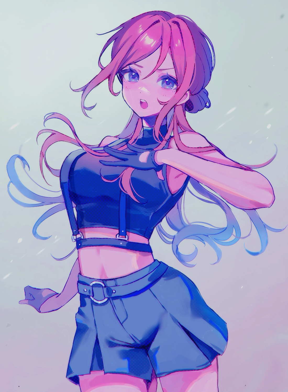 himesaki rinami, gakuen idolmaster, idolmaster, highres, 1girl, :o, bare arms, belt, black gloves, blue eyes, blush, cowboy shot, crop top, floating hair, gloves, grey background, grey belt, grey shorts, hair between eyes, leg up, long hair, midriff, rana5 1052, red hair, short shorts, shorts, sleeveless, solo, standing, standing on one leg, stomach, teeth, upper teeth only, very long hair