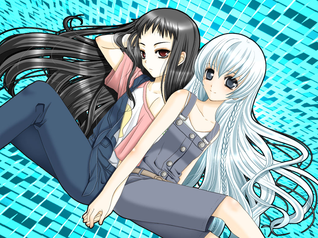 inumori sayaka, jakuri (ar tonelico), shurelia (ar tonelico), ar tonelico, ar tonelico i, ar tonelico ii, gust, 00s, 2girls, long hair, multiple girls, off shoulder, overall shorts, overalls, raglan sleeves