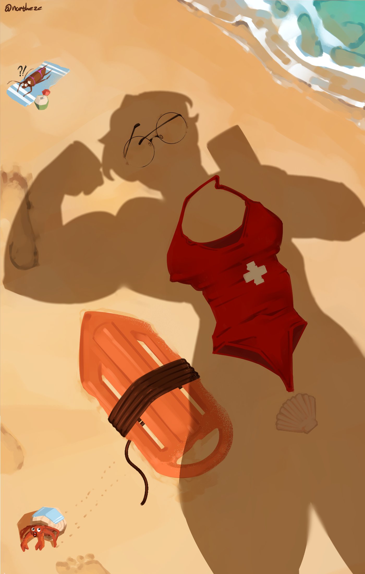 norutheze, original, highres, beach, biceps, bodybuilder, broad shoulders, clam, clam shell, crab, crustacean, curvy, day, flexing, glasses, implied nudity, lifeguard, muscular, muscular female, narrow waist, ocean, one-piece swimsuit, outdoors, red one-piece swimsuit, ria (norutheze), sand, scenery, shadow, silhouette, standing, surfboard, swimsuit, taking picture, thick arms, thick thighs, thighs, v-taper, wide hips