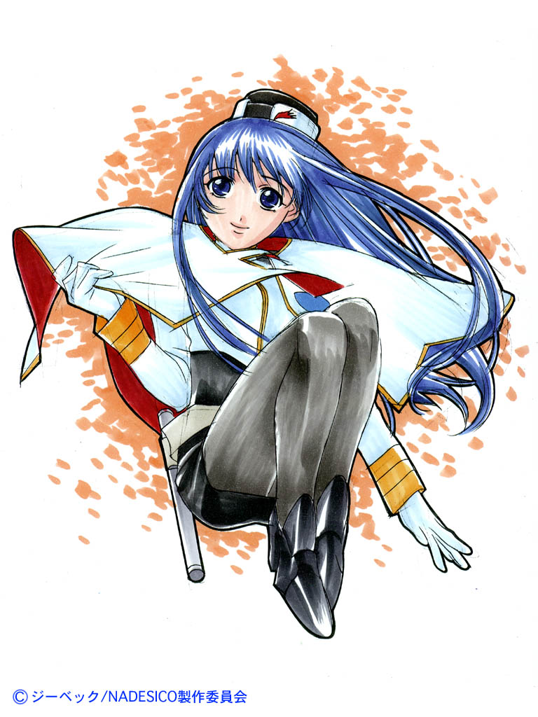 gotou keiji, misumaru yurika, kidou senkan nadesico, 1990s (style), 1girl, ahoge, belt, black pantyhose, black skirt, blue eyes, blush, buckle, cape, female focus, full body, long hair, long sleeves, looking at viewer, miniskirt, pantyhose, pencil skirt, retro artstyle, shoes, skin tight, skirt, solo, very long hair