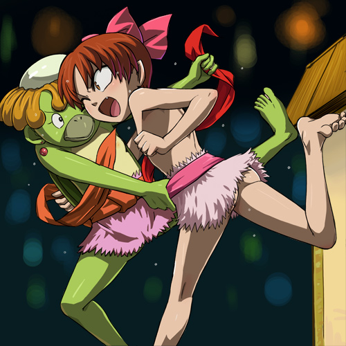haruyama kazunori, nekomusume, gegege no kitarou, toei company, lowres, 1girl, barefoot, bow, fang, feet, hair ribbon, kappa, loli, no panties, pink bow, ribbon, topless female, topless other
