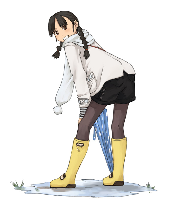 tamaru tokihiko, original, 1girl, boots, braid, closed umbrella, female focus, pantyhose, rubber boots, scarf, solo, twintails, umbrella, water, yellow boots