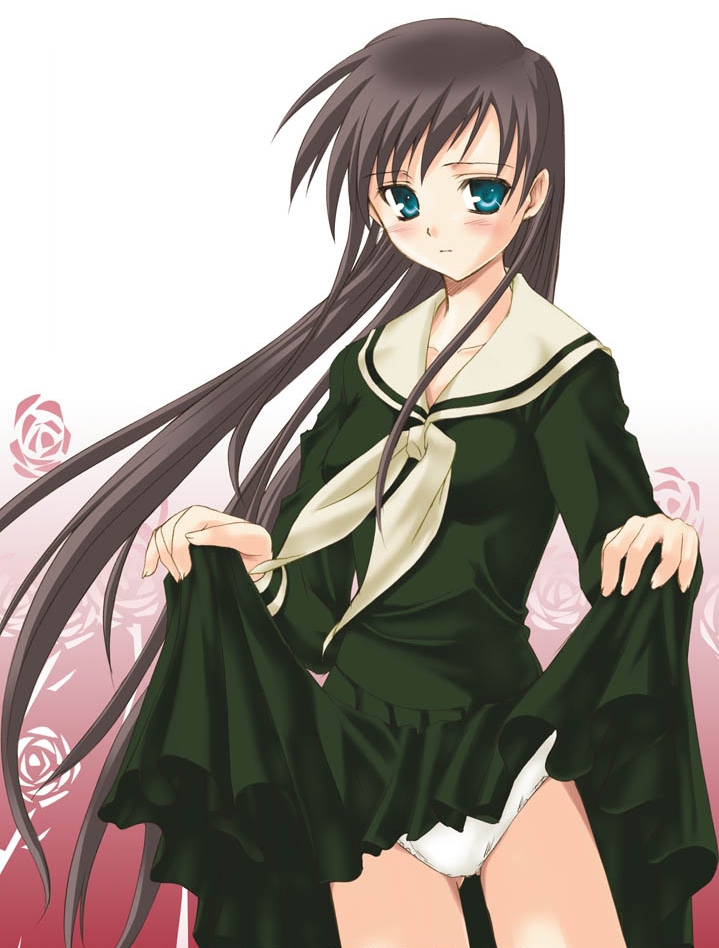 asaga aoi, ogasawara sachiko, maria-sama ga miteru, 00s, 1girl, alternate hair color, blue eyes, blush, brown hair, clothes lift, collarbone, cowboy shot, female focus, flower, long hair, long sleeves, panties, pantyshot, pleated skirt, rose, school uniform, serafuku, shirt, skirt, skirt lift, solo, standing, underwear, upskirt, very long hair, white panties