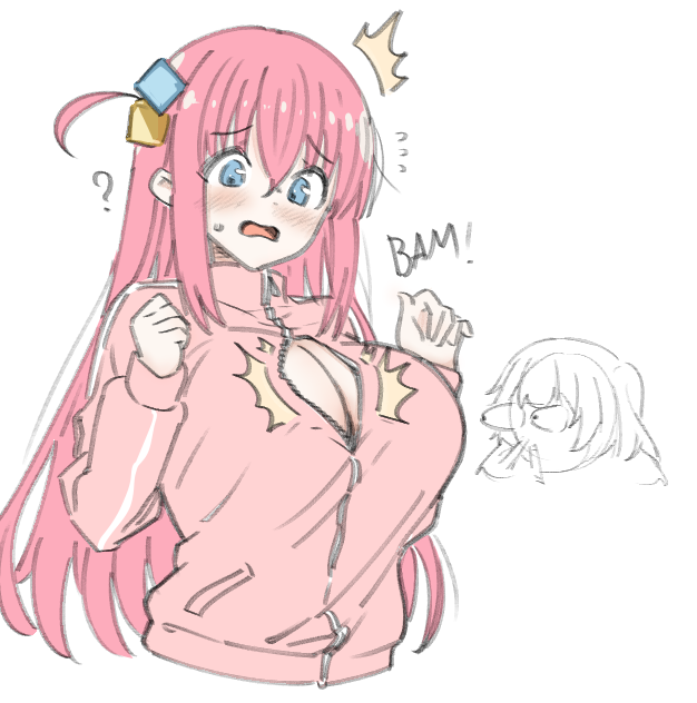 yurilyart, gotoh hitori, kita ikuyo, bocchi the rock!, 2girls, ?, ahoge, blood, blue eyes, blush, breasts, bursting breasts, cleavage, cube hair ornament, embarrassed, hair ornament, hands up, huge breasts, looking down, multiple girls, nosebleed, open mouth, pink hair, pink track suit, sketch, solo focus, sweatdrop, tight clothes, track suit, upper body, wardrobe malfunction, wavy mouth
