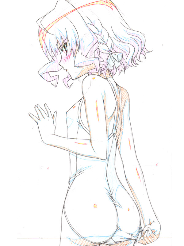 sugimura tomokazu, bell zephyr, night wizard, unfinished, 00s, 1girl, adjusting clothes, adjusting swimsuit, ass, back, blush, breasts, color trace, competition school swimsuit, covered erect nipples, female focus, from behind, looking back, monochrome, one-piece swimsuit, production art, school swimsuit, short hair, small breasts, solo, swimsuit
