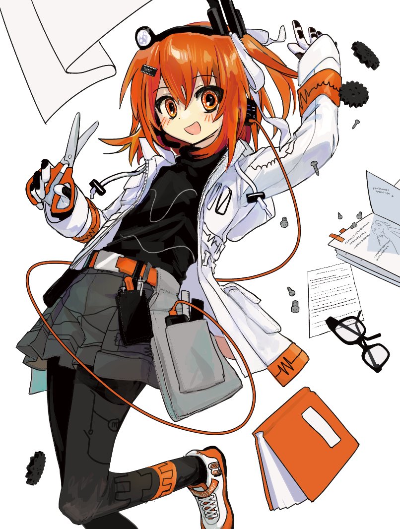 sanotsuki (mochi0101 831), adachi rei, a.i. voice, utau, 1girl, arm up, belt, belt pouch, black pantyhose, black shirt, blush, book, cable, coat, dot nose, flat chest, gears, glasses, gloves, grey skirt, hair ribbon, holding, holding scissors, long sleeves, looking at viewer, medium hair, one side up, open clothes, open coat, open mouth, orange eyes, orange hair, pantyhose, paper, pleated skirt, portrait, pouch, ribbon, scissors, screw, shirt, shoes, skirt, smile, sneakers, solo, turtleneck, white background, white coat, white gloves