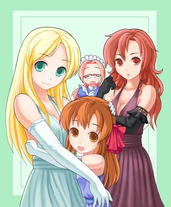 yuugiri (artist), yuugiri (illustyard), yuugiri (u-slash), original, eyebrows, 4girls, :d, aqua eyes, bare shoulders, black gloves, blonde hair, breasts, brown eyes, brown hair, cleavage, closed eyes, dress, elbow gloves, glasses, gloves, green background, hand on another's head, hug, lace, lace-trimmed gloves, lace trim, long hair, looking at viewer, maid headdress, medium breasts, multiple girls, open mouth, pursed lips, smile, wavy hair