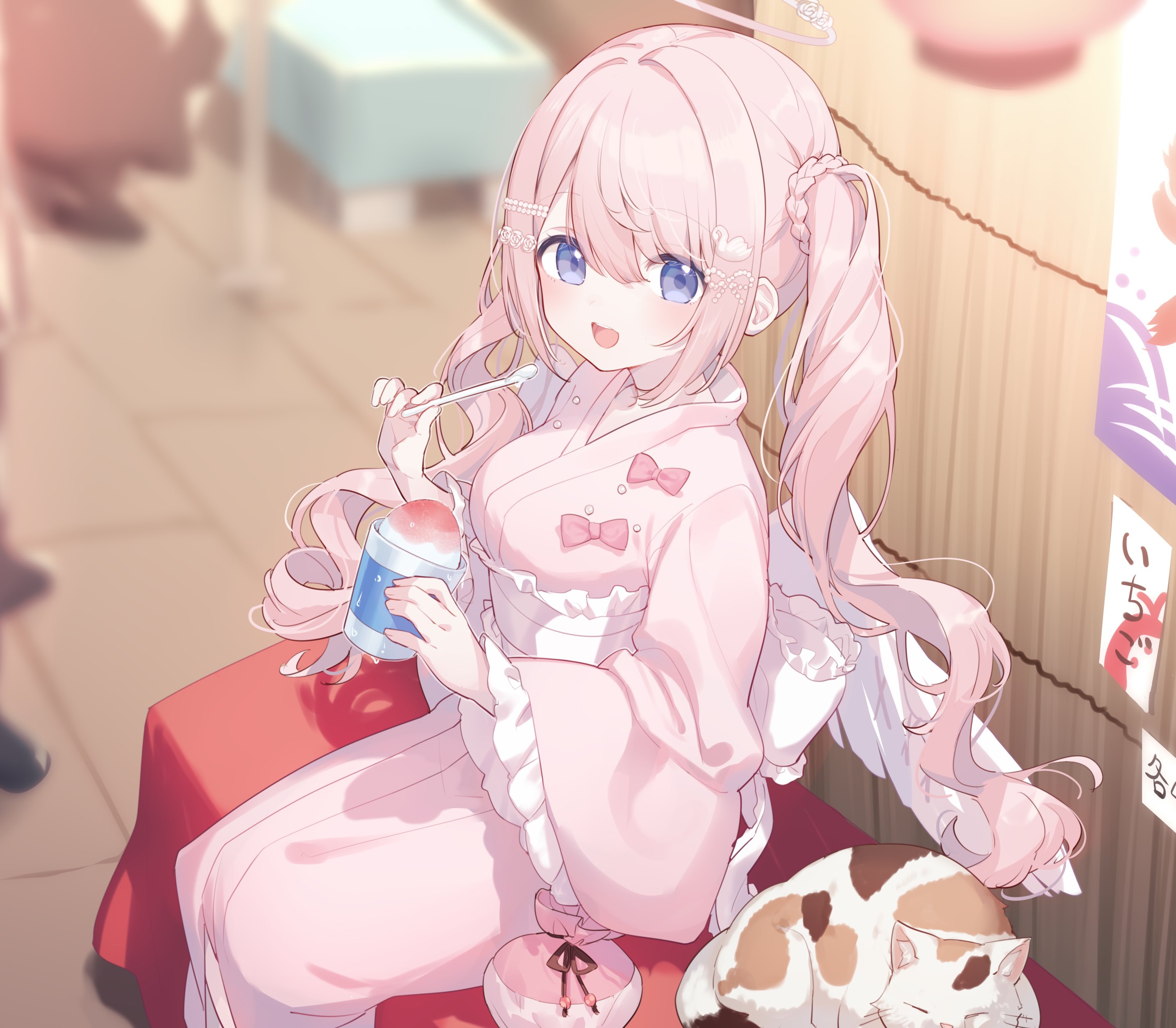hiraga matsuri, original, absurdres, commentary, commission, highres, skeb commission, 1girl, :d, blue eyes, blurry, blurry background, blush, bow, breasts, cat, feet out of frame, food, frilled sleeves, frills, hair between eyes, holding, holding food, holding spoon, japanese clothes, kimono, large breasts, long hair, long sleeves, looking at viewer, open mouth, pink hair, pink kimono, red bow, shaved ice, sitting, smile, solo, spoon, twintails, wide sleeves