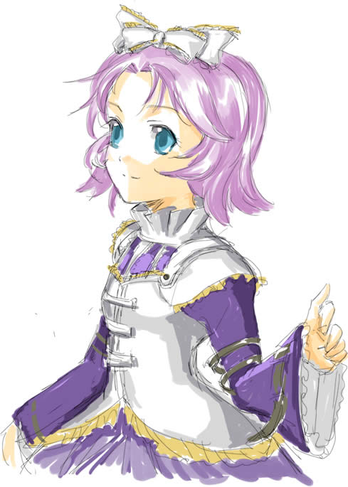 satou tomohiro, latune subbota, banpresto, super robot wars, super robot wars divine wars, super robot wars original generation, blue eyes, bow, dress, frills, goth fashion, hair bow, hall (nobrand canvas), purple hair, ribbon, short hair, solo, wide sleeves
