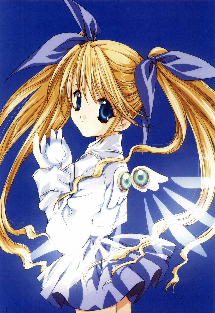 nanase aoi, haga musia, angel/dust neo, angel dust neo, angel flavor, artbook, highres, blonde hair, blue eyes, bow, gloves, hair bow, long hair, miniskirt, skirt, solo, twintails, wings