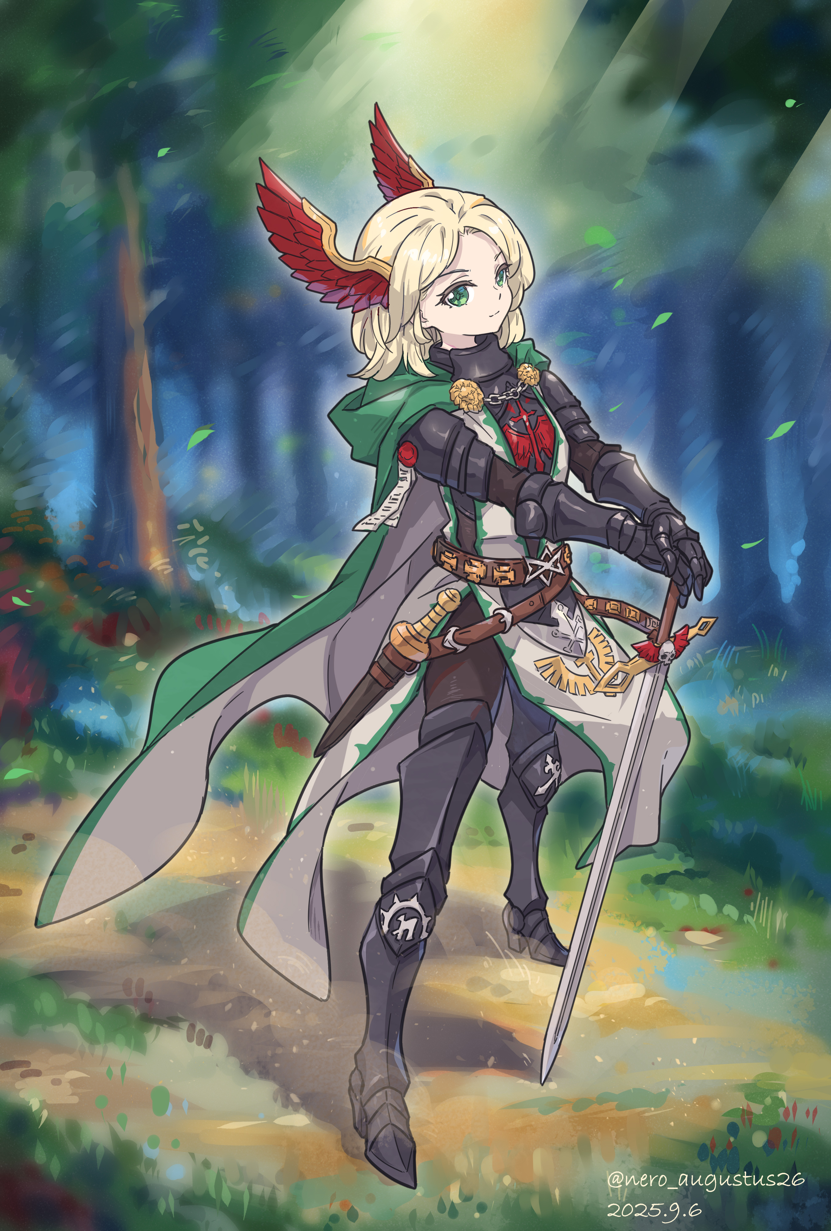 nero augustus, original, absurdres, commentary request, highres, 1girl, armor, armored boots, belt, blonde hair, boots, cloak, cuirass, full body, gauntlets, green cloak, green eyes, hair ornament, hands on hilt, hood, hood down, hooded cloak, looking at viewer, planted, planted sword, planted weapon, plate armor, solo, standing, sword, tabard, weapon, wing hair ornament