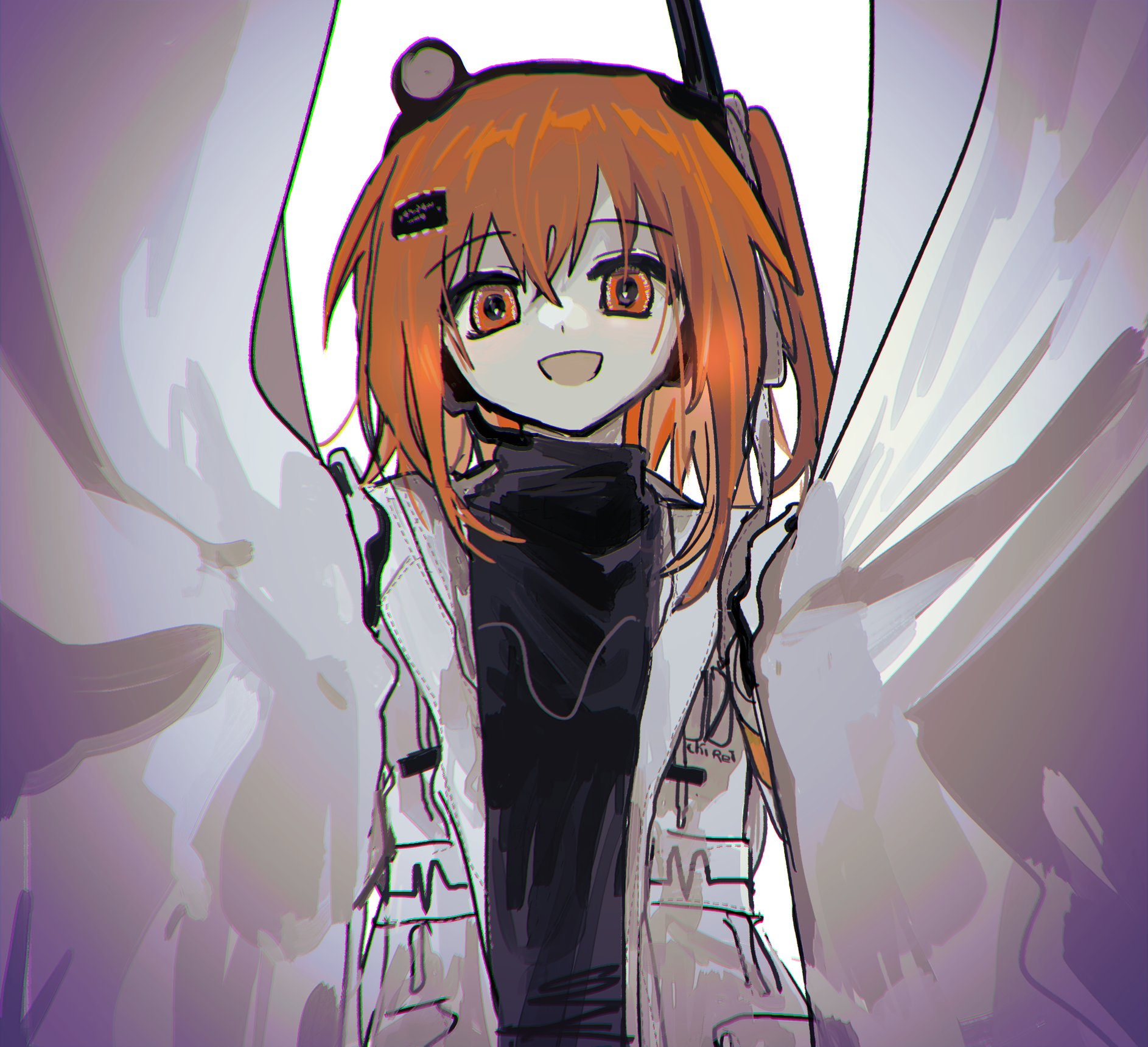 sanotsuki (mochi0101 831), adachi rei, a.i. voice, utau, highres, 1girl, black shirt, coat, curtain grab, curtains, flat chest, gloves, hair ribbon, headset, looking at viewer, medium hair, one side up, open clothes, open coat, open mouth, orange eyes, orange hair, ribbon, shirt, smile, solo, standing, turtleneck, upper body, white coat