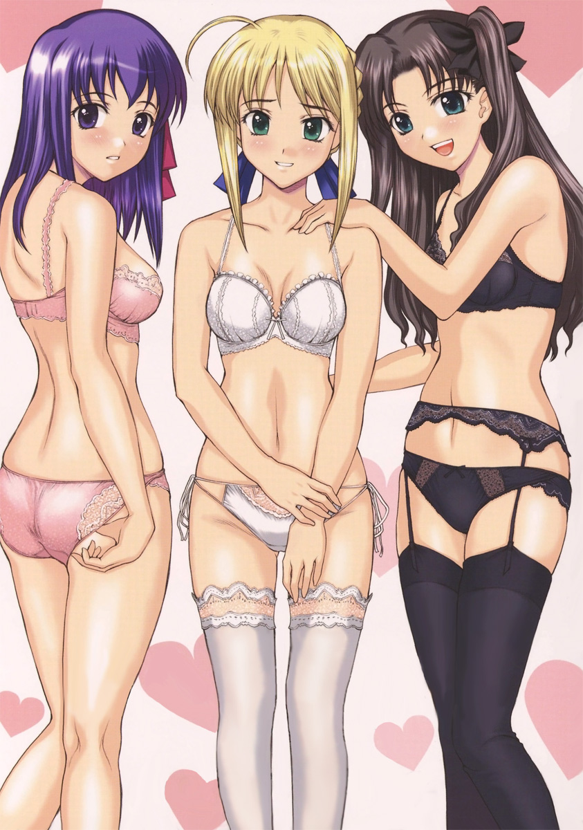 yamasaki atsushi, artoria pendragon (fate), matou sakura, saber (fate), tohsaka rin, fate/stay night, fate (series), lace-trimmed legwear, highres, 00s, 3girls, adjusting clothes, adjusting panties, ahoge, aqua eyes, ass, black bra, black hair, black panties, black ribbon, black thighhighs, blonde hair, blue ribbon, blush, bow, bow bra, bow panties, bra, breasts, brown hair, collarbone, crotch seam, embarrassed, garter belt, hair ribbon, hand on another's shoulder, heart, heart background, kneepits, lace, lace trim, lingerie, long hair, long legs, looking at viewer, matching hair/eyes, medium breasts, medium hair, multiple girls, navel, open mouth, panties, parted lips, pink bra, pink panties, purple eyes, purple hair, red ribbon, ribbon, short hair, side-tie panties, small breasts, teeth, thighhighs, underwear, underwear only, upper teeth only, white bra, white panties, white thighhighs