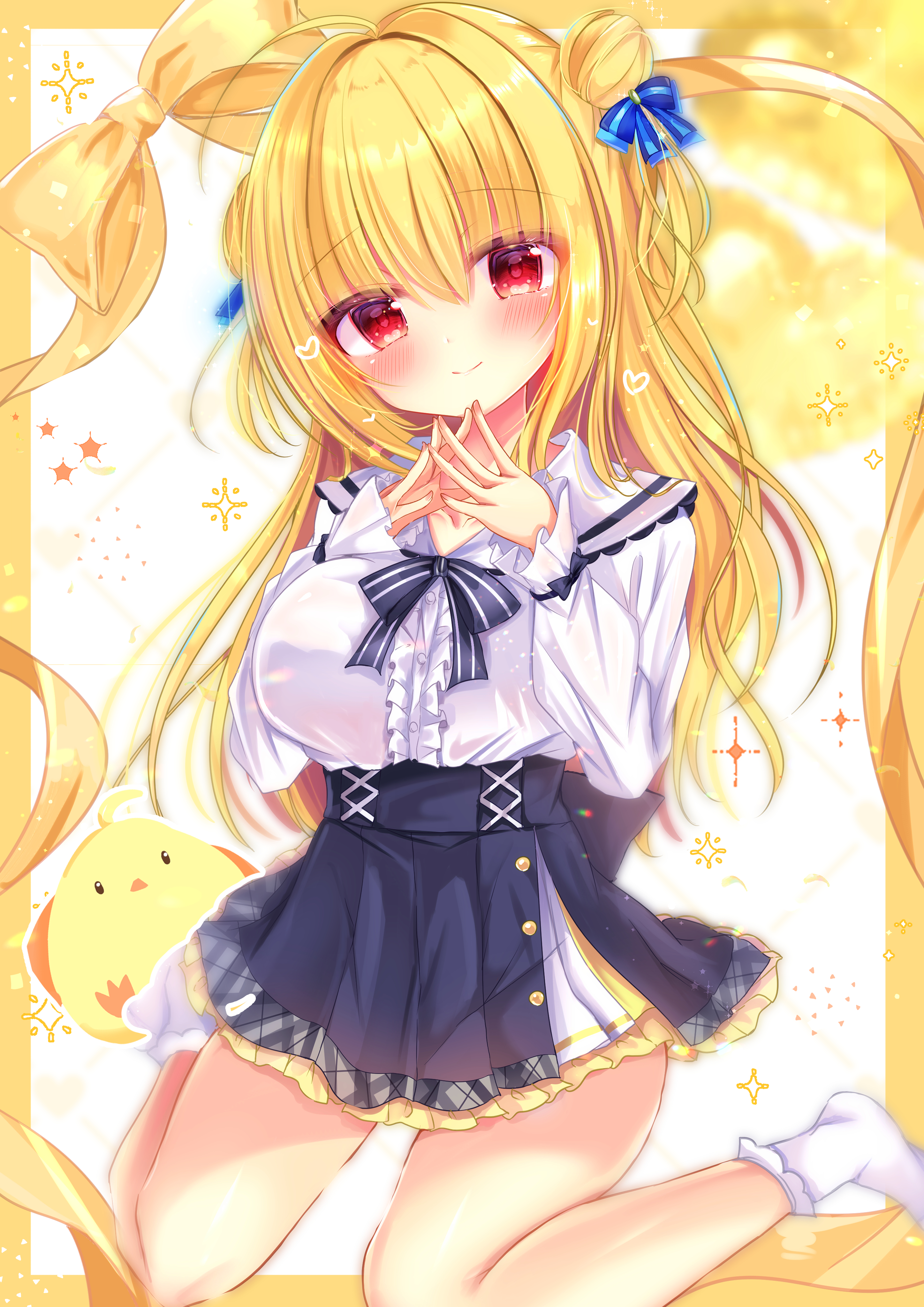 nekota min, izumi hiyori, hamidashi creative, absurdres, commentary request, highres, 1girl, ahoge, baby animal, back bow, bird, black bow, black skirt, blonde hair, blue bow, blush, border, bow, breasts, center frills, chick, closed mouth, colored eyelashes, double bun, eyes visible through hair, frilled shirt, frilled shirt collar, frills, full body, hair between eyes, hair bow, hair bun, hair intakes, hands up, heart, high-waist skirt, large breasts, long hair, long sleeves, looking at viewer, no shoes, outline, outside border, own hands together, pleated skirt, red eyes, red pupils, shirt, simple background, sitting, skirt, smile, socks, solo, sparkle, split mouth, steepled fingers, two side up, very long hair, wariza, white background, white outline, white shirt, white socks, yellow border, yellow bow